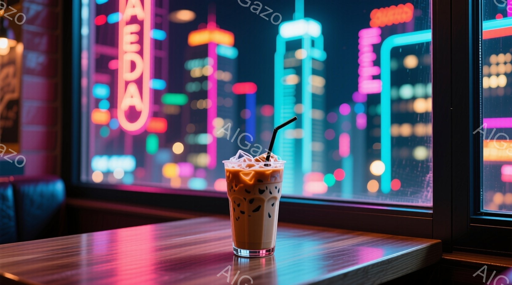 テーブルの上には、カラメル色のタピオカミルクティーが置かれており、ストローが挿さっている。背景には夜景が広がり、ネオンライトに照らされた高層ビル群がぼやけて見える。鮮やかな光と暗闇のコントラストが、都会的で幻想的な雰囲気を醸し出している。