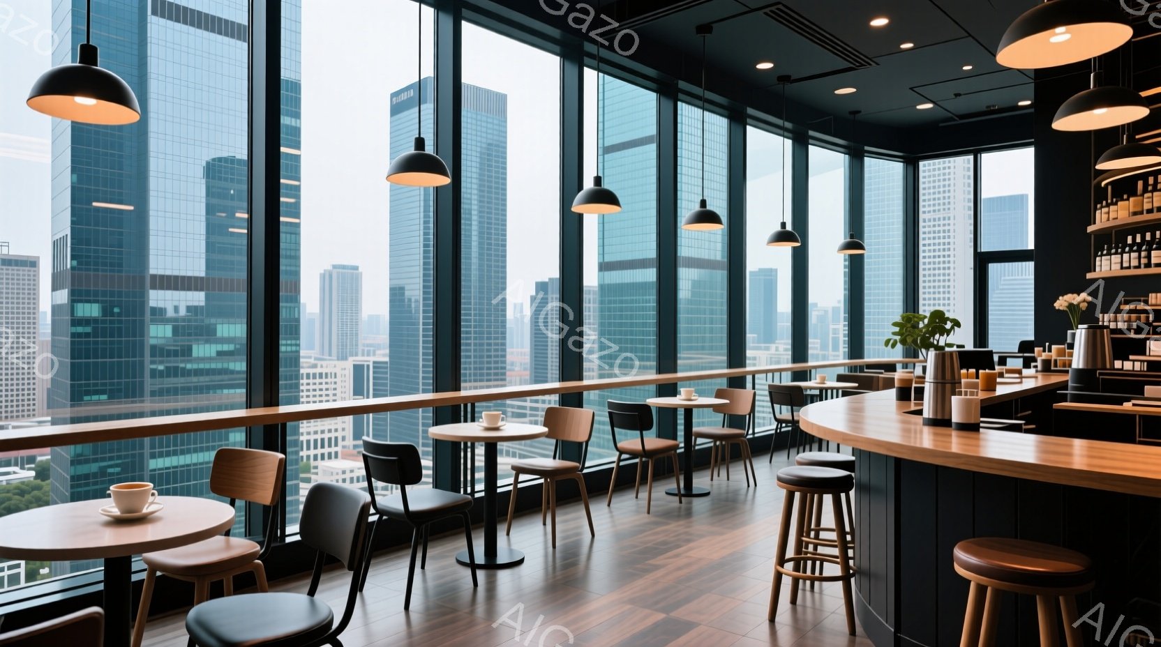 高層ビルの窓際に配置されたカフェの内部で、木製のテーブルと椅子が整然と並んでいる。大きな窓からは、高層ビル群と緑豊かな風景が見え、明るい日差しが差し込んでいる。全体的に落ち着いた雰囲気で、洗練されたデ - AI生成フリー素材