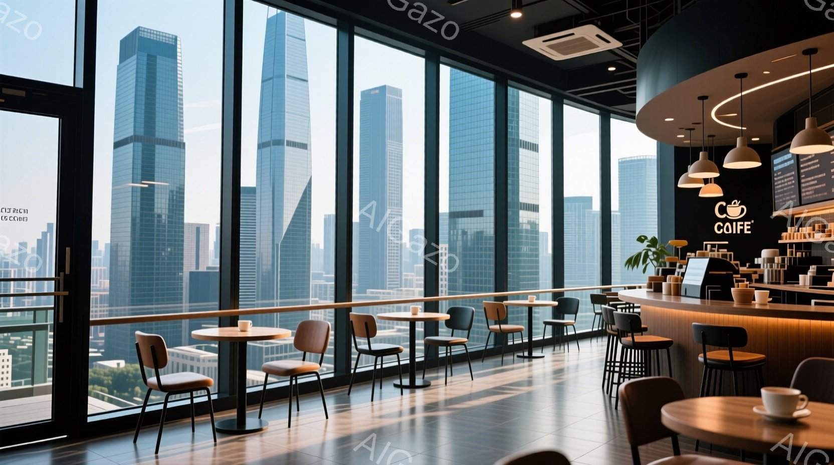 高層ビルの窓を背景にしたカフェの内部で、テーブルと椅子が整然と並べられています。窓の外には高層ビル群が広がり、晴天の下、都市の景色を一望できます。カフェ内は暖色系の照明と木製のカウンターが落ち着いた雰 - AI生成フリー素材