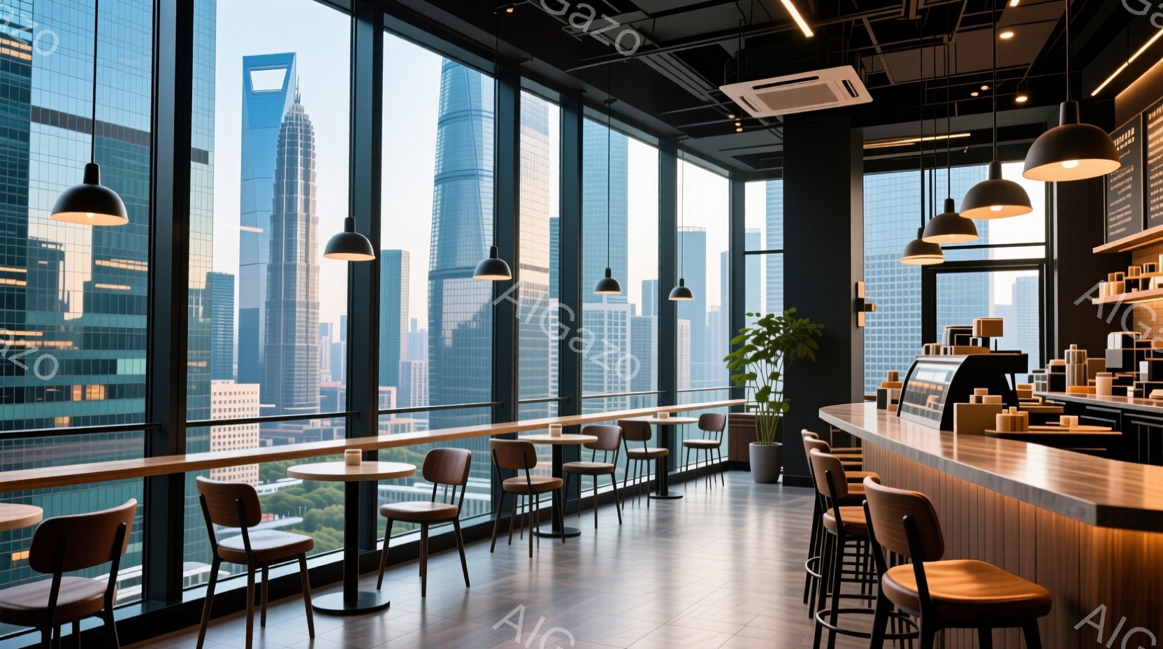 広々としたカフェの内部で、大きな窓から高層ビル群を見渡せる空間が広がっている。木製のテーブルと椅子が配置され、モダンで落ち着いた雰囲気を醸し出している。自然光が差し込み、洗練されたインテリアと都市の風 - AI生成フリー素材