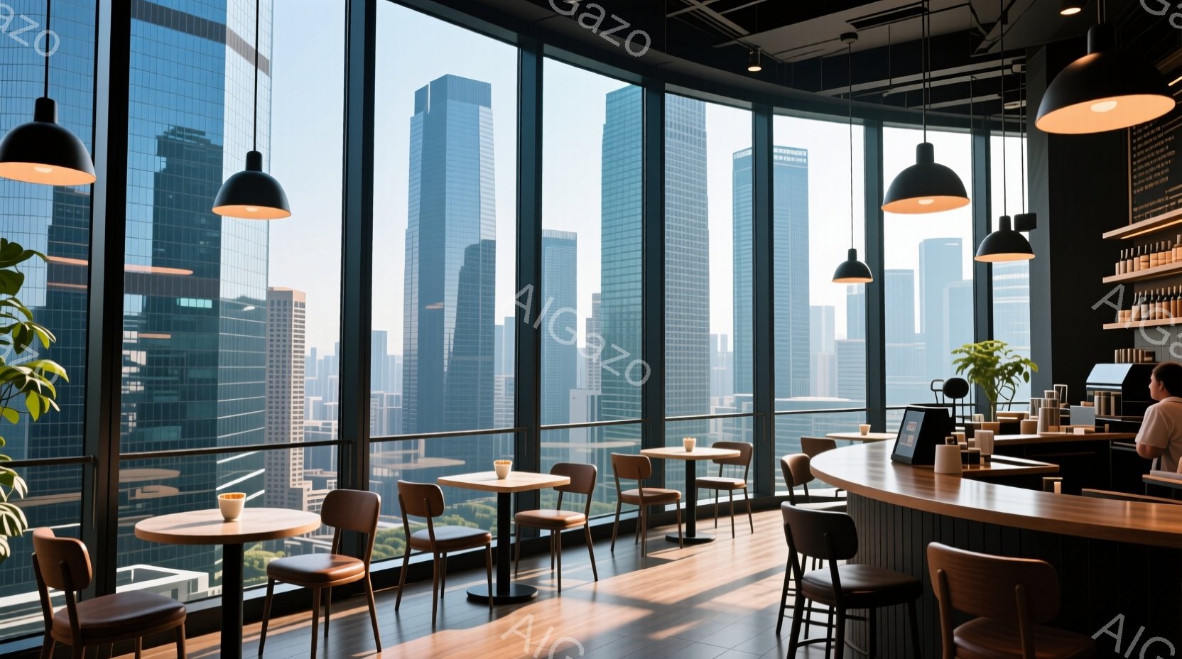 高層ビル群を見下ろす、モダンなカフェの内部です。明るい木製の床とテーブル、革張りの椅子が配置され、カウンターには飲み物が並んでいます。窓から差し込む光がカフェ全体を照らし、都会的でありながら落ち着いた - AI生成フリー素材