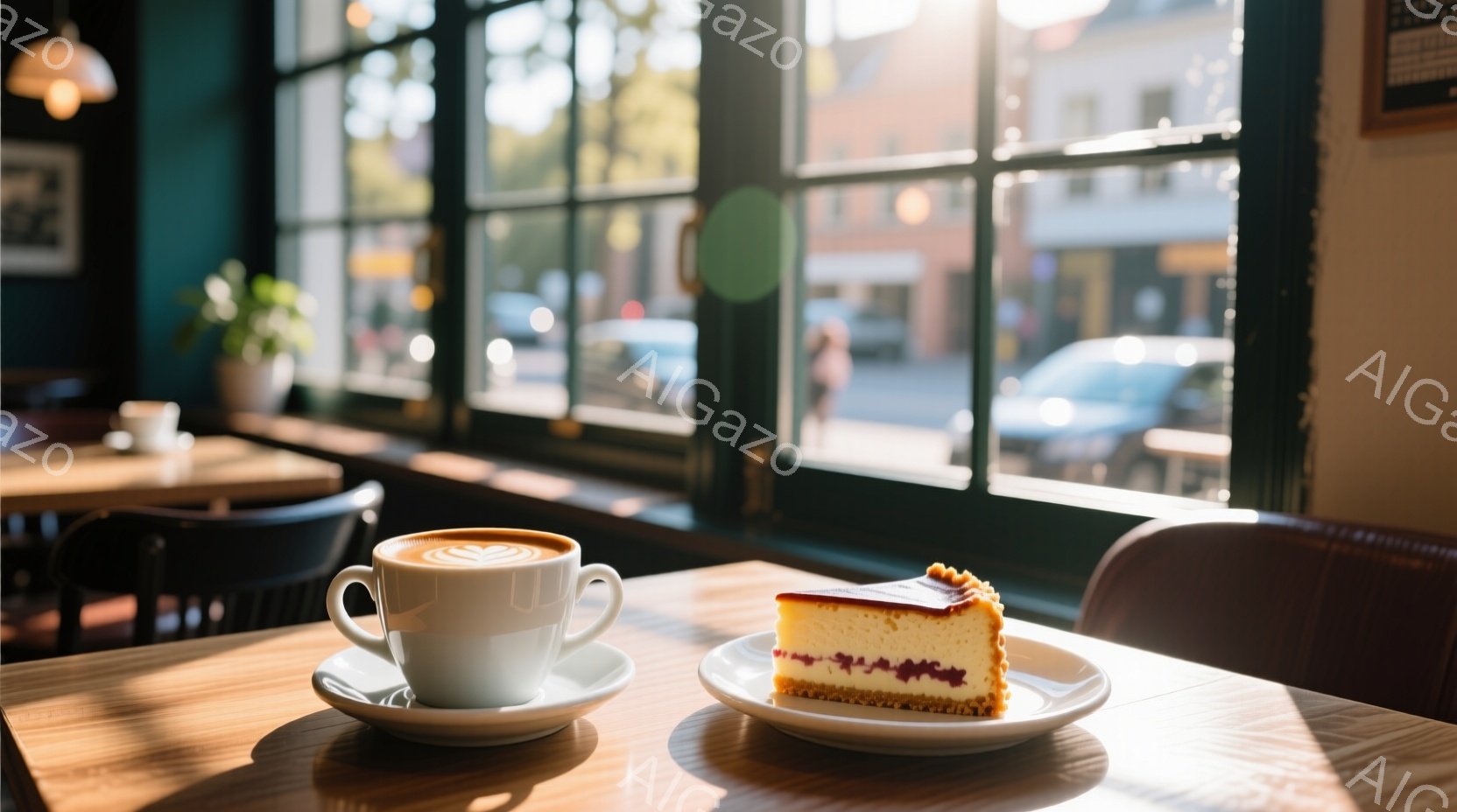 白いカップに入ったラテアートと、クリームチーズケーキのスライスが木製のテーブルに置かれています。窓の外には、晴れた日の街並みが広がり、緑の木々や車が見えます。店内は落ち着いた雰囲気で、温かい光が差し込んでおり、リラックスした時間が過ごせそうです。