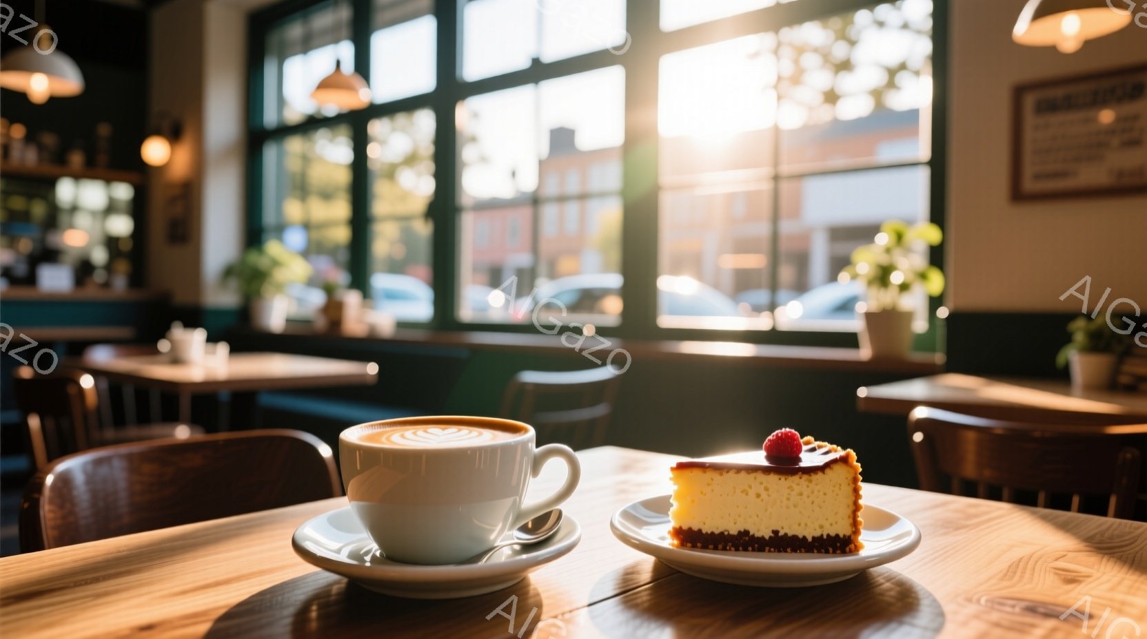 明るいカフェの木製テーブルに、ラテアートが施された白いカップと、ラズベリーが飾られたチーズケーキが置かれている。背景には大きな窓から差し込む光が暖かく、カフェの椅子や他のテーブルが見える。全体的に、リラックスした穏やかな雰囲気が漂っている。