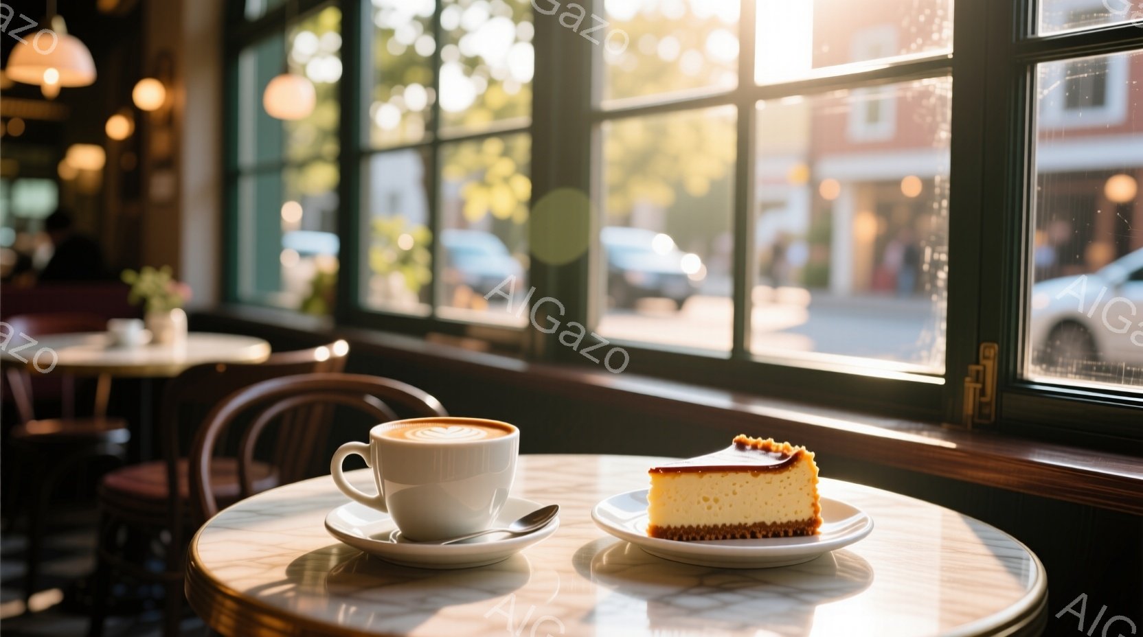 明るいカフェの窓辺のテーブルに、白いカップに入ったラテとチーズケーキが置かれている。窓の外には、日差しが差し込み、通りを走る車や建物が見える。暖かく穏やかな雰囲気で、くつろぎのひとときを過ごすのに最適な空間である。