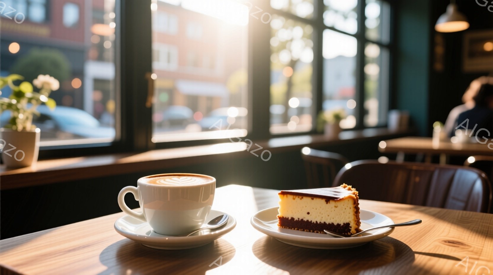 コーヒーショップ内で撮影されたもので、日光が差す。テーブル上には、浅黄色のお皿にお茶と薄いオリジンカフェのチャイナケーキが並んでおり、人気のある「ベル・エプロン」と同じようなアートデザインが特徴的です。人物は座っていませんが、照明が強く、彼らの視線は画面を探索しているかのように見えます。背景は、ショップの露天風呂や窓際の荷物があり、自然光が漏れているため明るく、夏のイメージを呼び起こします。