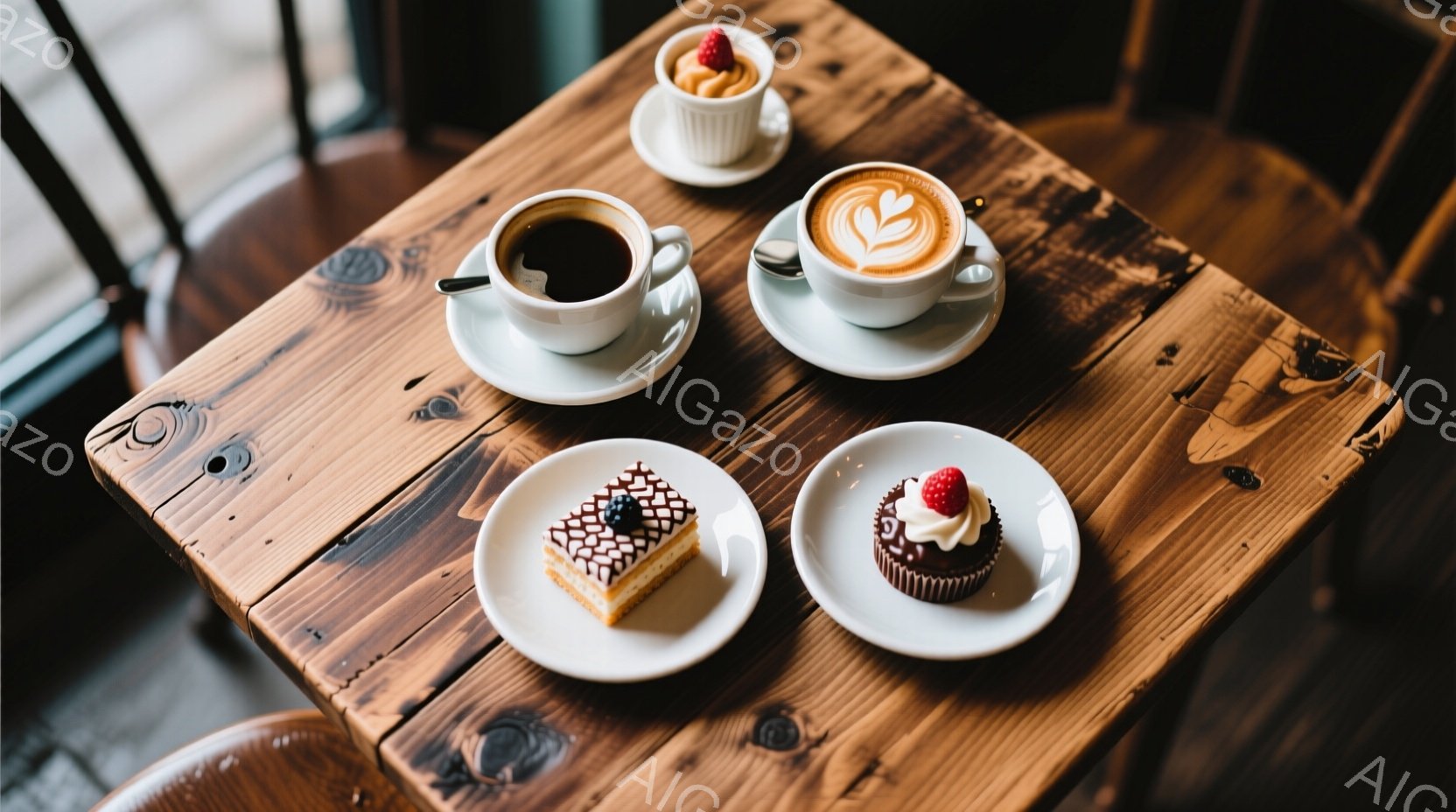 磨かれた木製のテーブルの上には、可愛らしいデザートとコーヒーが並べられています。それぞれの白い皿には、小さなケーキやコーヒーが丁寧に盛り付けられており、美味しさを引き立てています。背景にはぼんやりと椅子が見え、カフェやティータイムの穏やかな雰囲気が感じられます。