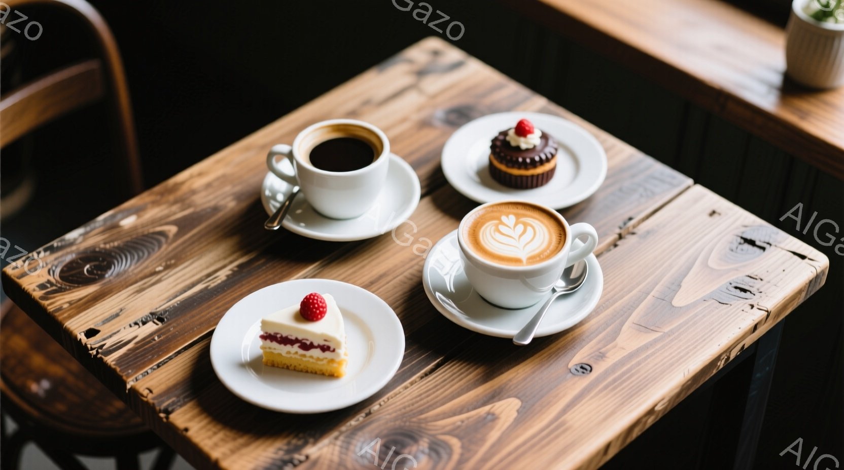 磨かれた木のテーブルの上に、コーヒーとケーキが置かれています。一つはブラックコーヒーで、もう一つはラテアートが施されたミルクコーヒーです。ケーキは、イチゴが飾られたショートケーキと、小さなチョコレートケーキの二種類で、落ち着いたカフェの雰囲気が漂っています。