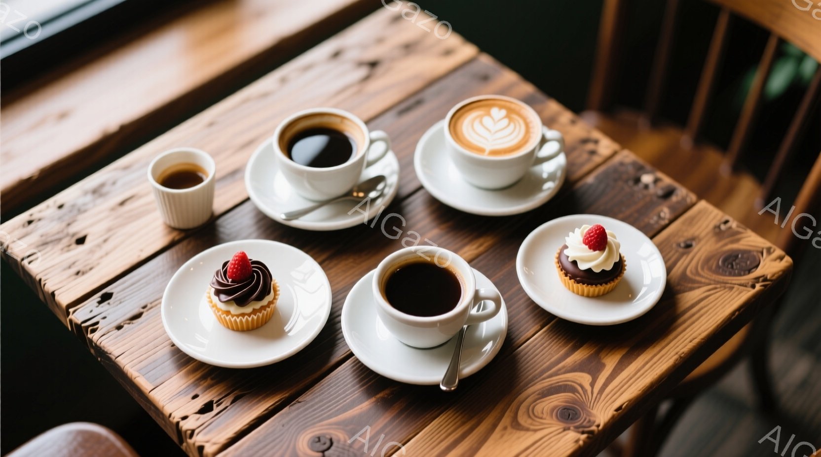 古びた木のテーブルの上に、コーヒーカップと小さなケーキが並べられています。それぞれのカップは白いソーサーに乗っており、奥のカップにはラテアートが描かれています。ケーキはチョコレート風味で、赤いベリーが飾られています。