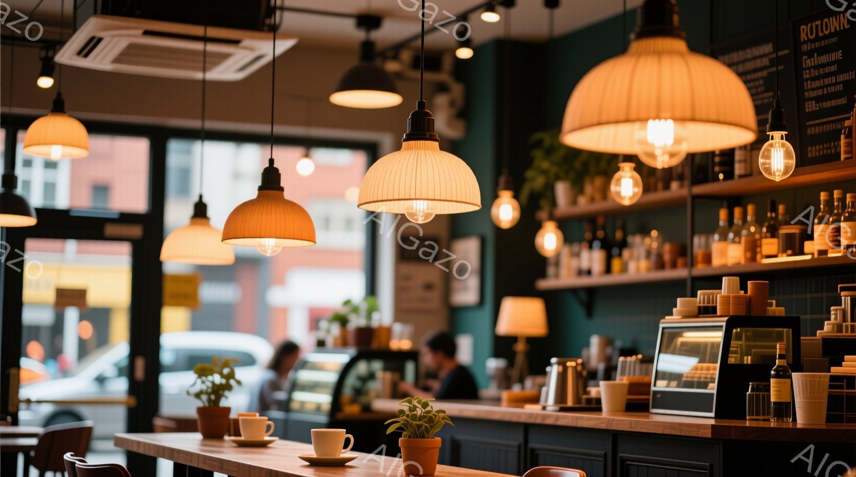 室内はカフェテリアの様子で、木製のカウンターと椅子が並んでいる。カウンターの上にはコーヒーカップや植物が置かれ、背景にはショーケースや棚が見える。薄暗く落ち着いた照明と、緑色の壁が温かい雰囲気を醸し出 - AI生成フリー素材