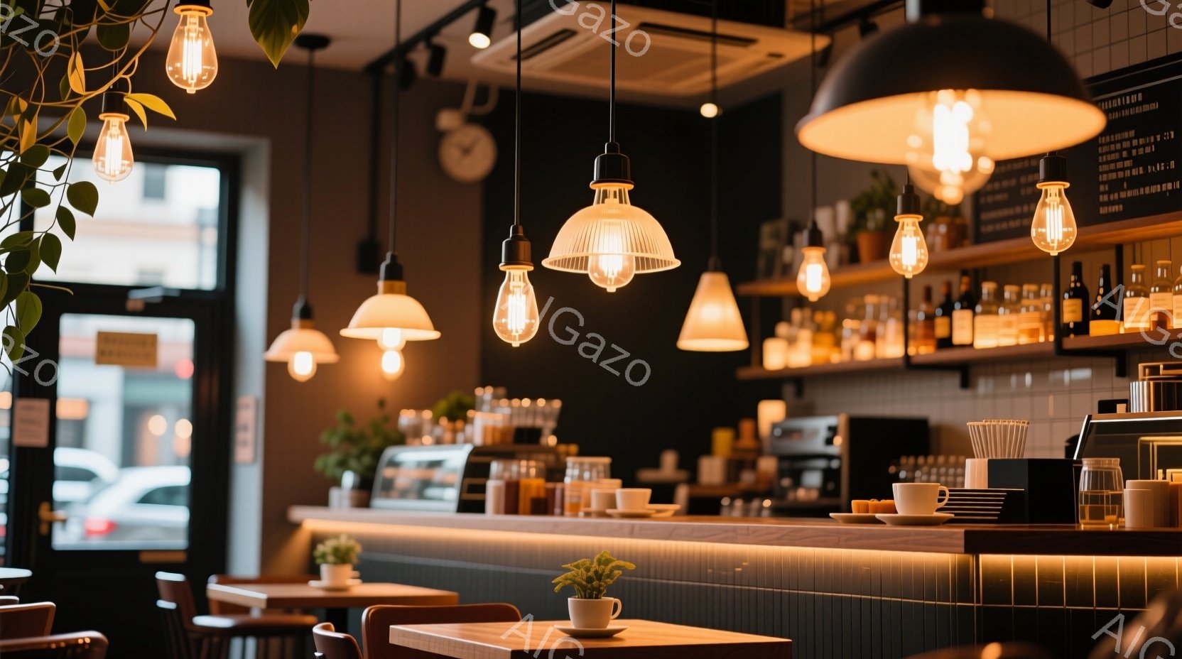 落ち着いた雰囲気のカフェ内部で、カウンターとテーブルが並んでいる。天井からは複数の裸電球が吊り下げられ、温かい光が店内を照らし出している。カウンター上にはコーヒー器具やグラスが整然と並べられ、手前に置かれた小さな観葉植物がアクセントになっている。