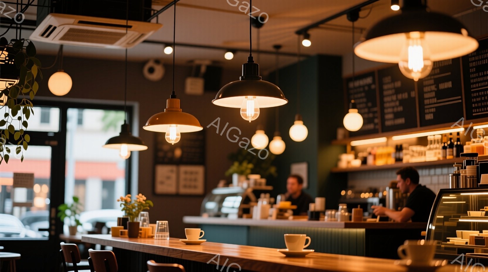 カフェの内部で、カウンター席にコーヒーカップが並べられ、奥には男性が作業をしている様子がうかがえる。男性は黒いシャツを着ており、少し顎髭を生やしている。天井からは複数の裸電球が吊り下げられ、木製のカウンターと黒板メニューが温かい雰囲気を醸し出している。