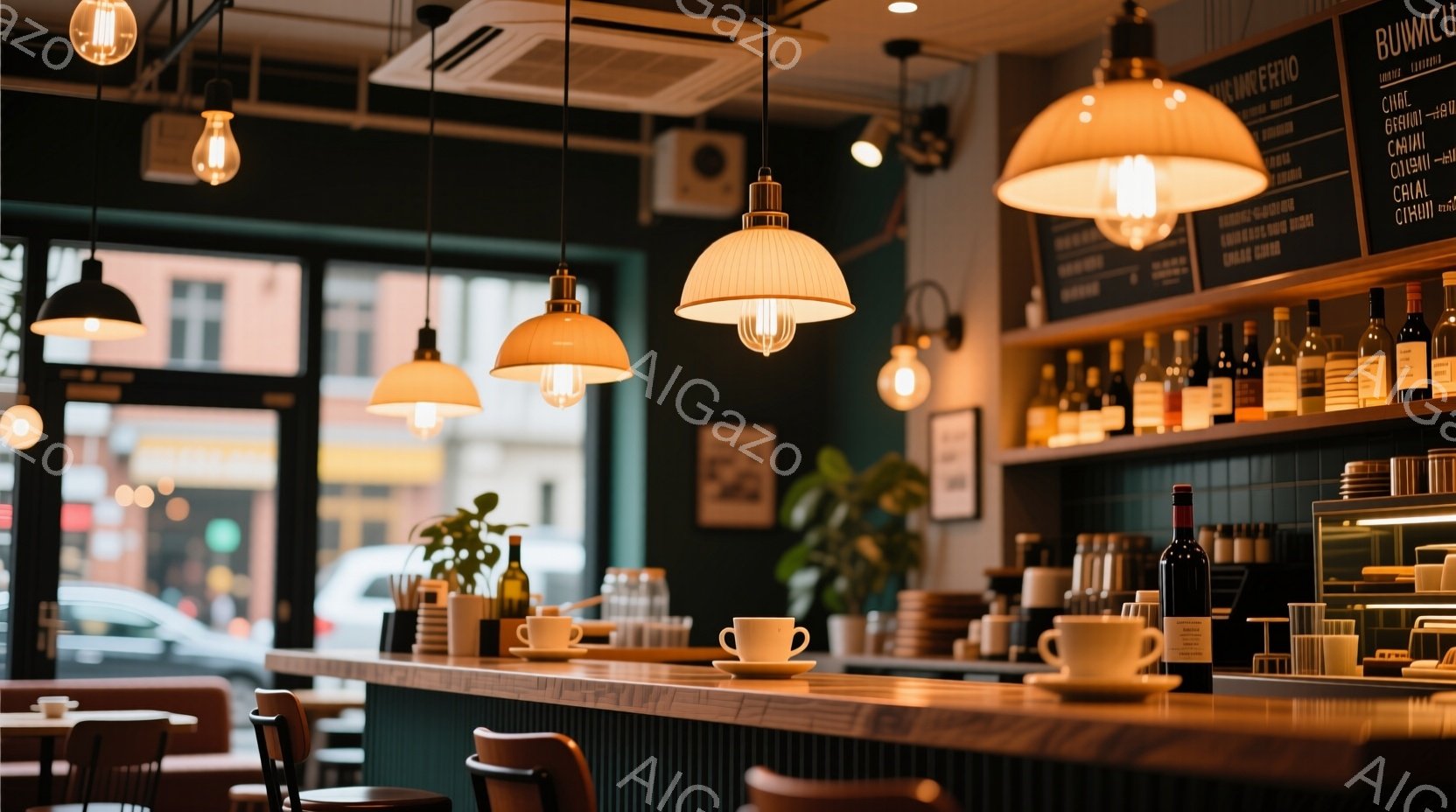カフェのカウンター席が写っており、明るい木製のカウンターと濃い緑色の壁が印象的です。カウンターにはコーヒーカップやワインボトルが並べられ、植物が飾られています。天井からは、温かみのある光を放つペンダントライトが吊り下げられており、落ち着いた雰囲気の店内でゆっくりと過ごせる空間を演出しています。