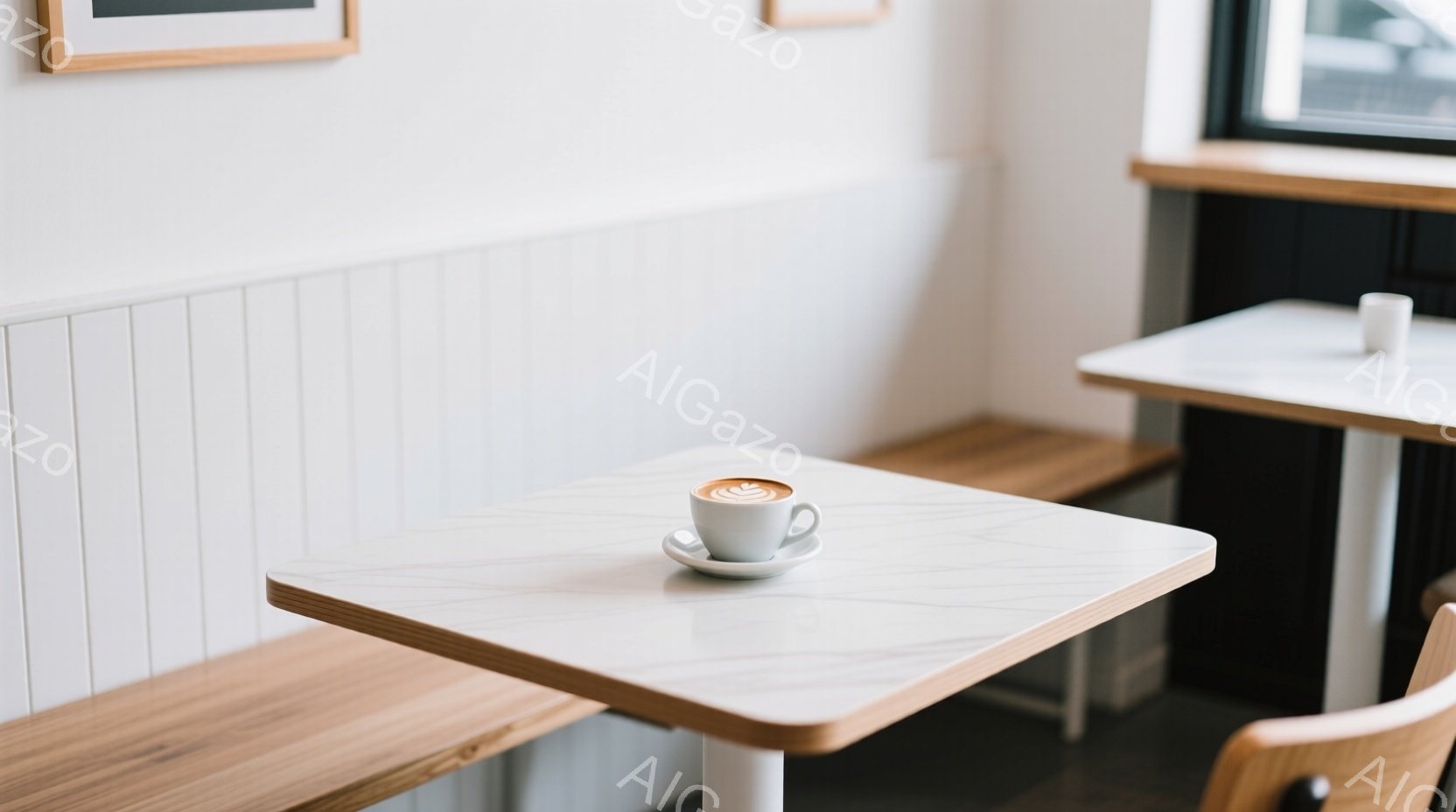 白い壁と木製のベンチが特徴的なカフェの内部で、大理石調のテーブルの上に、ラテアートが施された白磁のカップが置かれている。テーブルの隅には、木製の椅子の背が見え、落ち着いた温かみのある雰囲気が漂っている - AI生成フリー素材