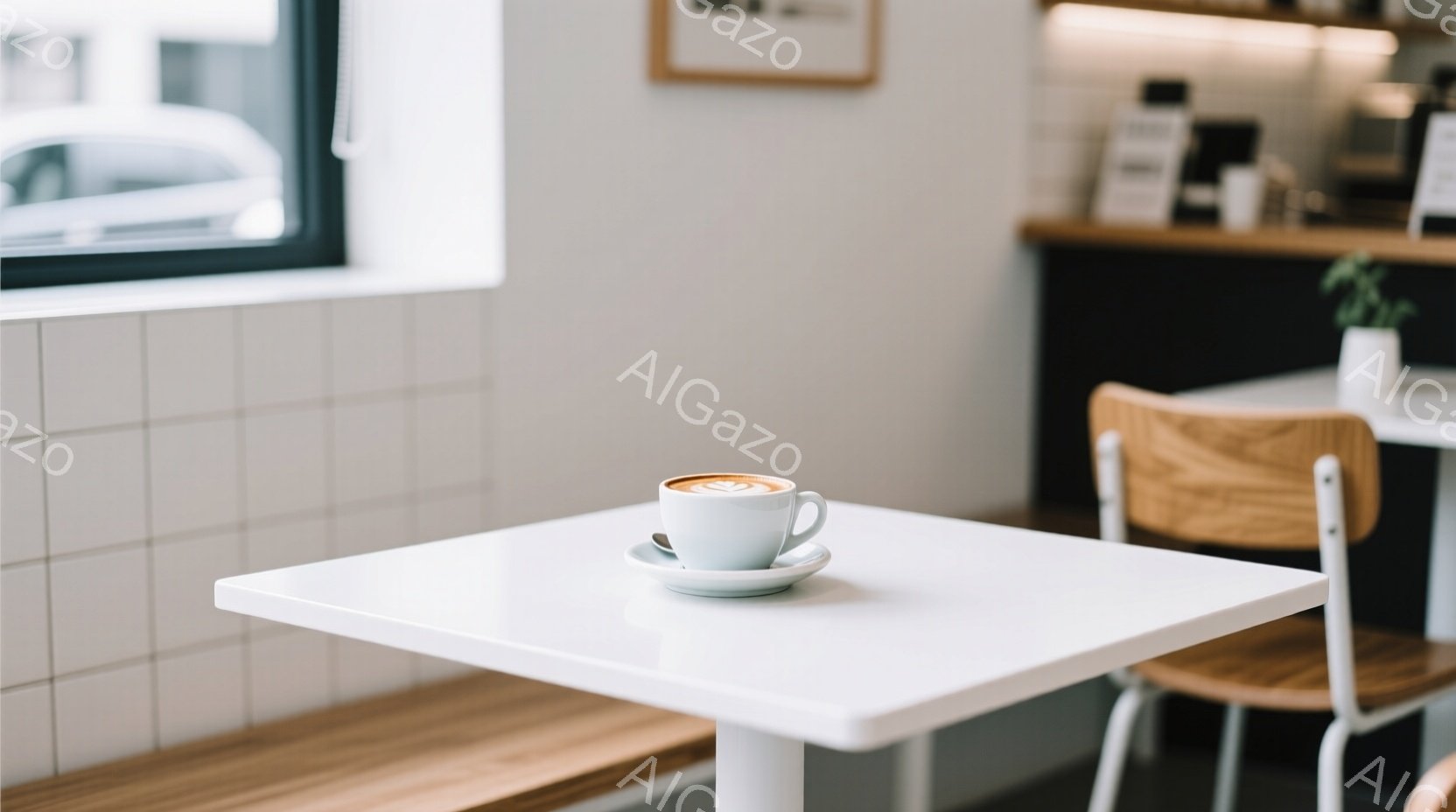 白い正方形のテーブルの上には、淡い緑色のカップとソーサーが置かれ、ラテアートが施されたコーヒーが注がれています。背景には、白を基調としたカフェの壁、木製のベンチ、そしてぼんやりとした外の景色が見え、静かで落ち着いた雰囲気を醸し出しています。全体的にミニマルで洗練された印象を与え、コーヒーを楽しむ穏やかな時間が感じられます。