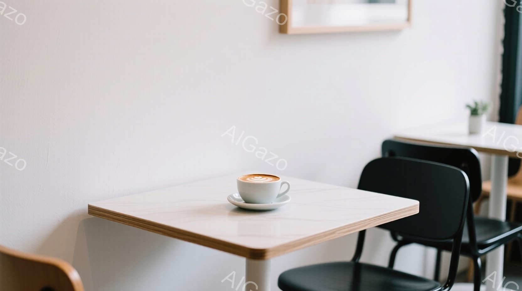 白い壁を背景に、大理石柄のテーブルにコーヒーカップとソーサーが置かれているシンプルな写真です。黒い椅子がテーブルの横にあり、背景には他のテーブルとわずかに見える植物がぼんやりと写っています。全体的に、ミニマリストで静かなカフェの雰囲気を感じさせます。