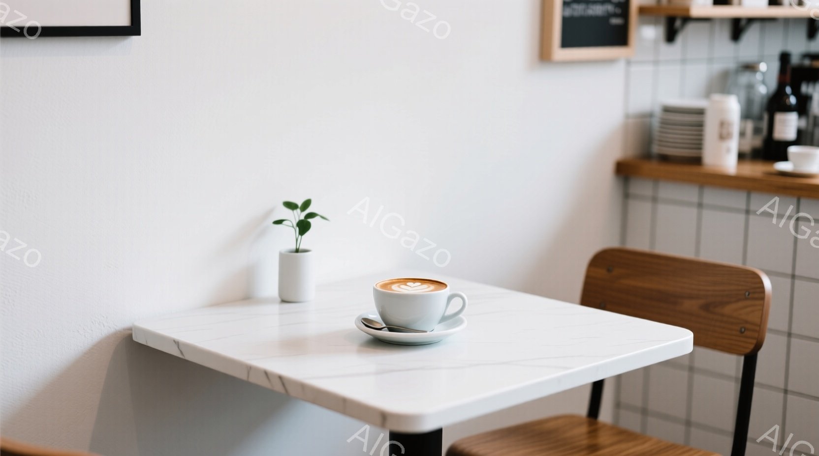 白い大理石柄のテーブルの上に、ラテアートが施されたカップとソーサー、そして小さな白い鉢に植えられた緑の植物が置かれている。背景には白いタイルの壁と木製のカウンターがあり、カフェのような静かで落ち着いた - AI生成フリー素材