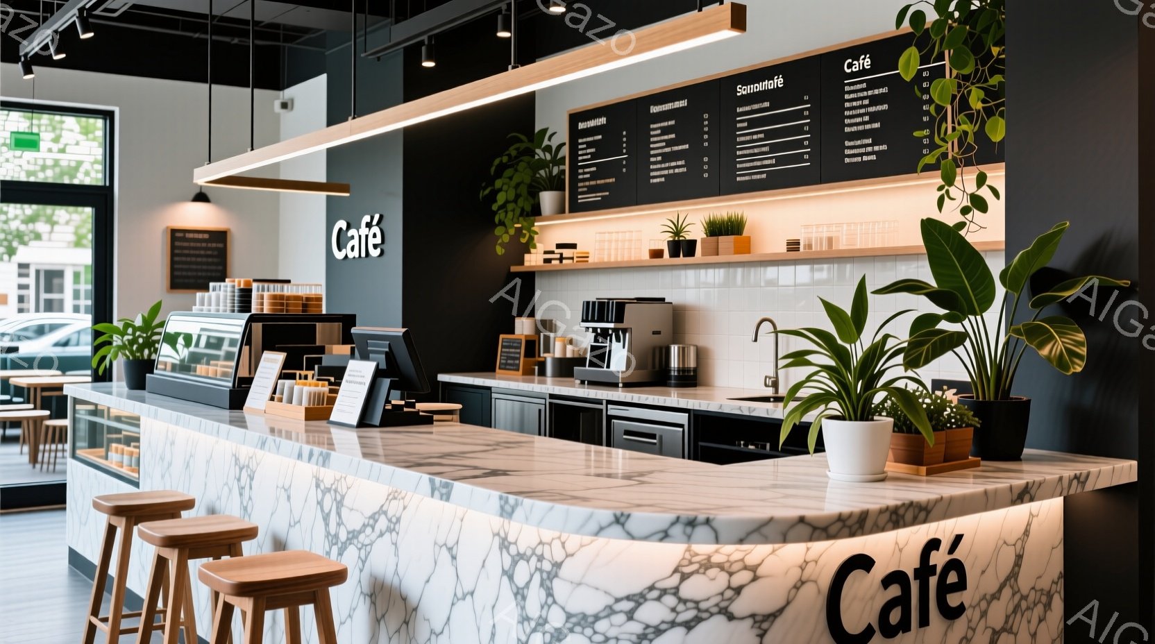 白大理石風のカウンターが特徴的なカフェの内部です。カウンターの上には黒い棚があり、観葉植物が飾られています。明るい光が差し込み、モダンで清潔感のある雰囲気で、壁にはメニューが書かれた黒板があります。