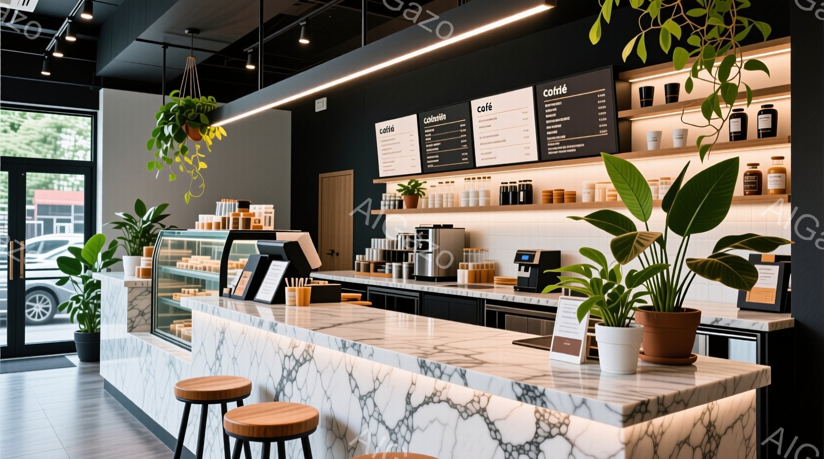 白大理石のカウンターが特徴的なカフェの内部です。カウンターにはコーヒー豆やコーヒー器具が並び、メニューボードが設置されています。観葉植物が複数置かれ、明るく清潔感のある、洗練された雰囲気が漂っています。