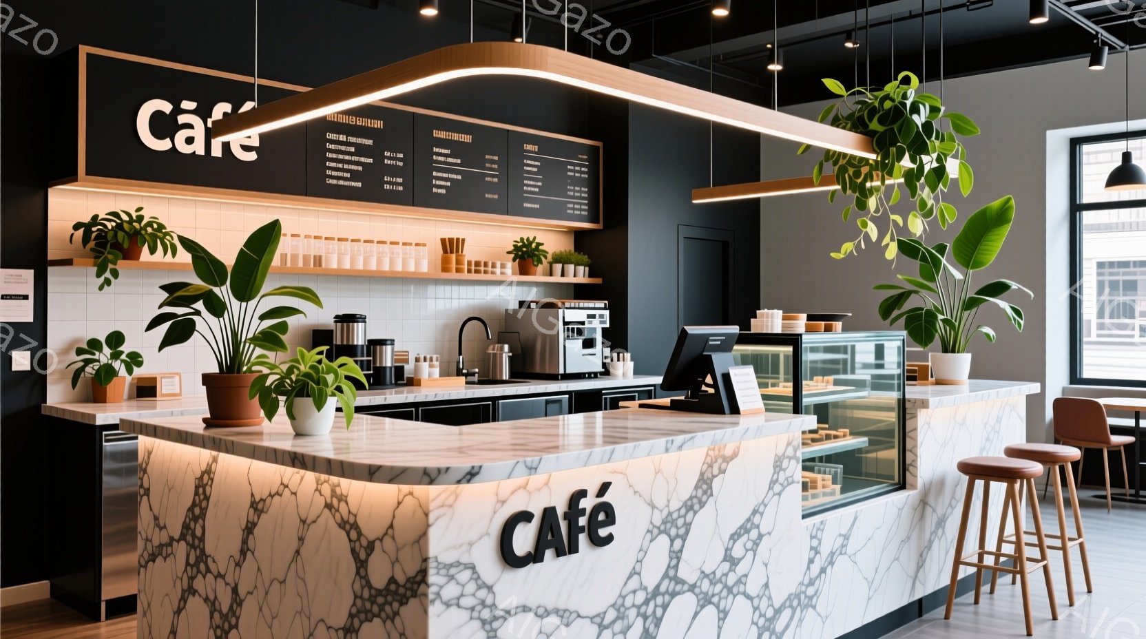 白い大理石風カウンターが印象的なカフェの内部です。カウンター上にはメニューが書かれたボードがあり、様々な植物が置かれて明るく親しみやすい雰囲気を醸し出しています。背景には窓があり、薄明るい外光が差し込 - AI生成フリー素材