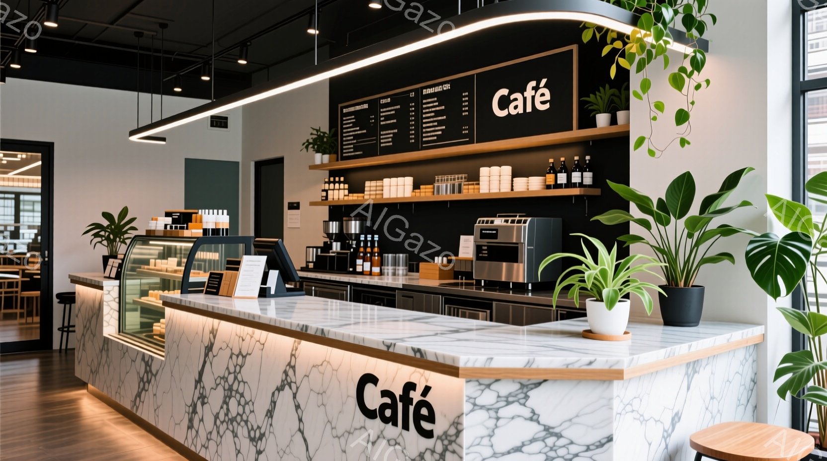 白い大理石調のカウンターが印象的なカフェの内部です。カウンターの上にはメニューやコーヒー豆、グラスなどが整然と並べられており、背後には黒板に書かれたカフェのロゴが見えます。観葉植物がアクセントとして配 - AI生成フリー素材