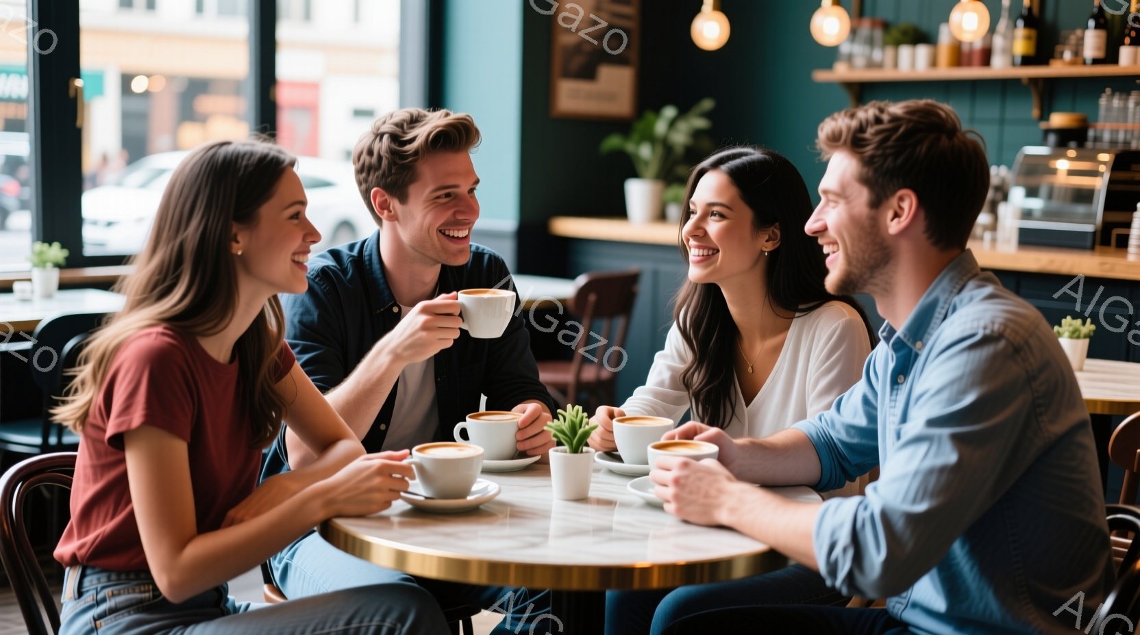 4人の男女が円卓を囲んでコーヒーを楽しんでいます。女性はそれぞれ赤色のトップスと白色のトップスを着ており、男性はデニムシャツを着ています。皆、笑顔で互いを見つめ合い、リラックスした雰囲気の中で会話を楽しんでいるようです。