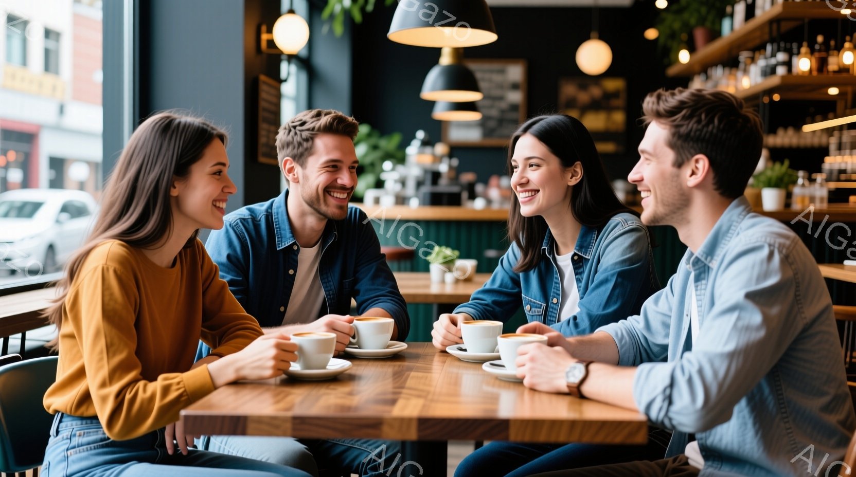 暖炉のような雰囲気のカフェで、若い男女がテーブルを囲んで座り、コーヒーを飲みながら楽しそうに会話しています。女性はそれぞれオレンジ色とデニムジャケットを着ており、男性もデニムジャケットを着ています。背 - AI生成フリー素材