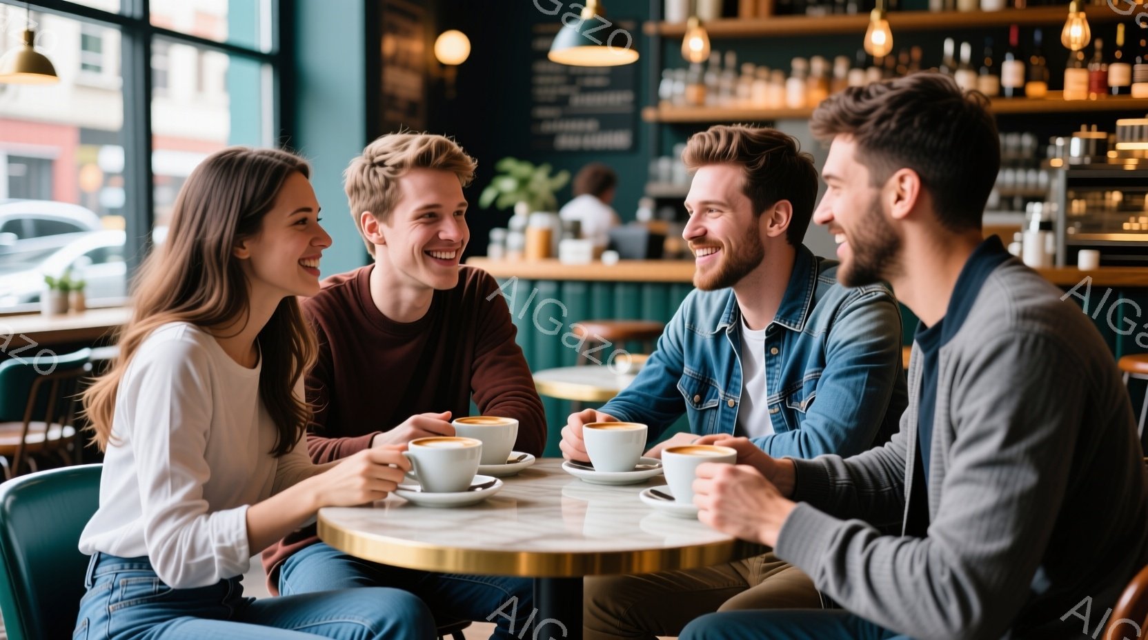 暖炉のような温かい雰囲気のカフェで、四人の若い男女が円卓を囲んでコーヒーを楽しんでいます。皆、笑顔でリラックスしており、カジュアルな服装で、それぞれの髪型も個性が出ています。背景には、ボトルが並んだ棚 - AI生成フリー素材