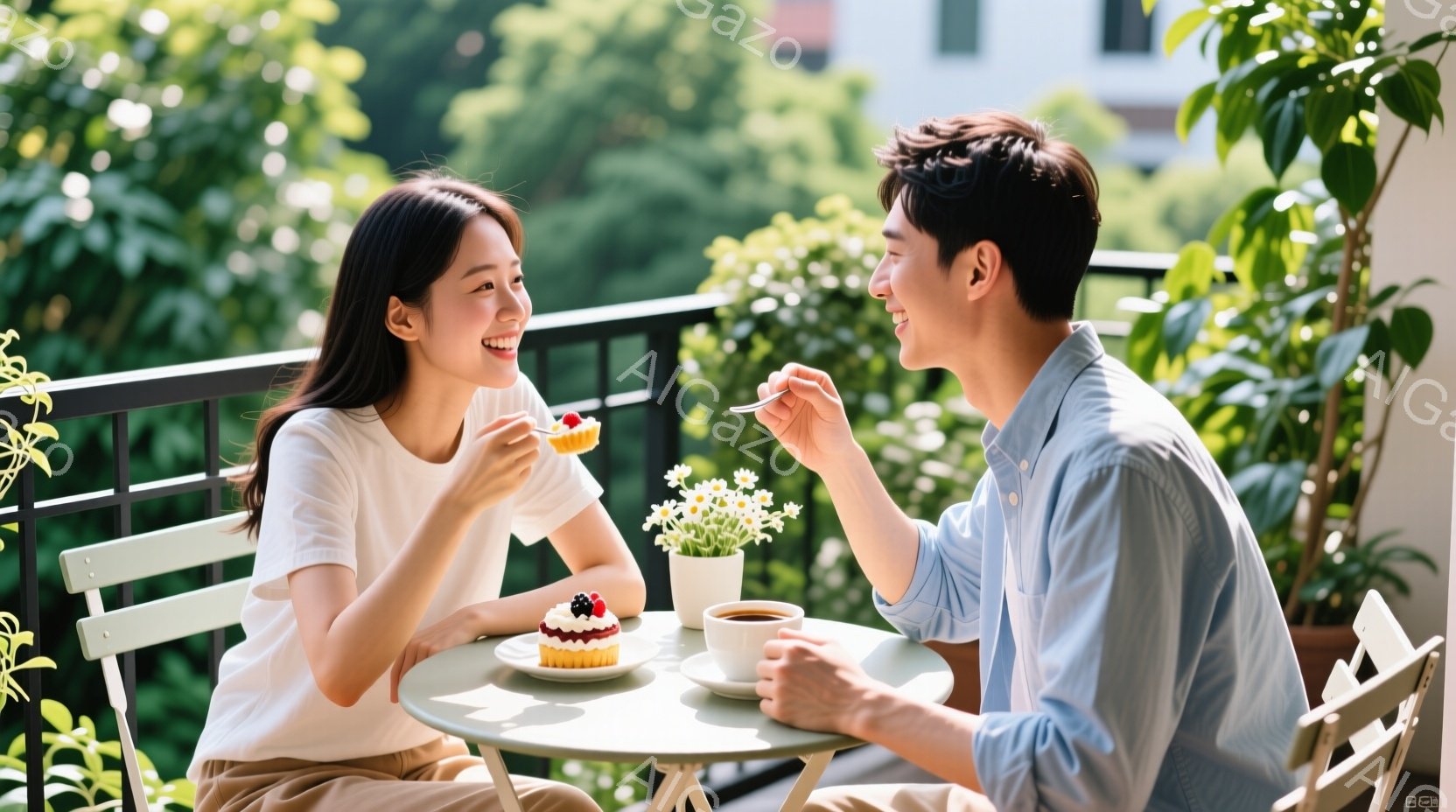 若い男女が、白い小さなテーブルを挟んで向き合い、ケーキとコーヒーを楽しんでいます。女性は白いTシャツを着ており、髪は肩まで伸びたストレートヘアです。男性は明るい水色のシャツを着ており、二人とも笑顔で幸 - AI生成フリー素材