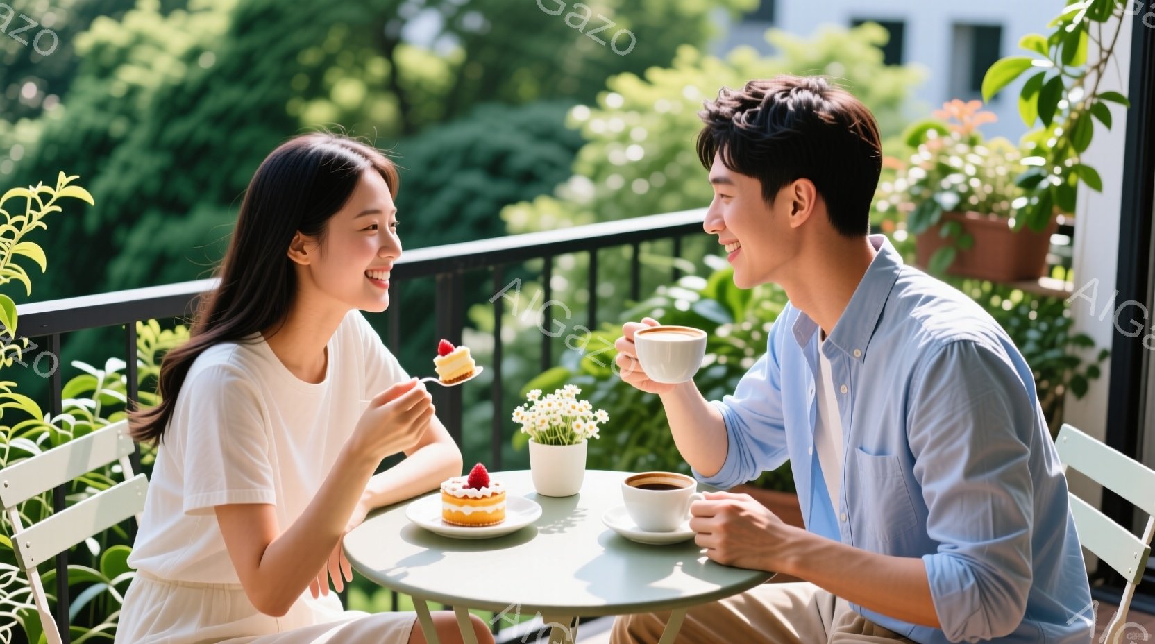 若い男女が、緑色の円卓を挟んで向かい合って座っています。女性は白いワンピースを着て髪を後ろでまとめ、ケーキをフォークでつつきながら微笑んでいます。男性は水色のシャツにベージュ色のズボンを履き、コーヒーカップを持ちながら女性を見て笑顔を浮かべており、背景には緑豊かな木々と建物が見え、晴れた日の穏やかな雰囲気が漂っています。