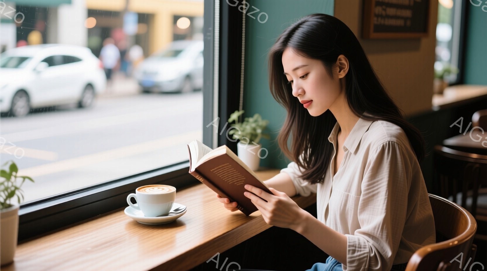 一人の女性が窓際の席で本を読んでいる。彼女は薄いベージュ色のシャツを着ており、長い髪は後ろでまとめてある。窓の外には街並みが見え、天候は晴れで、カフェの落ち着いた雰囲気が漂っている。 - AI生成フリー素材