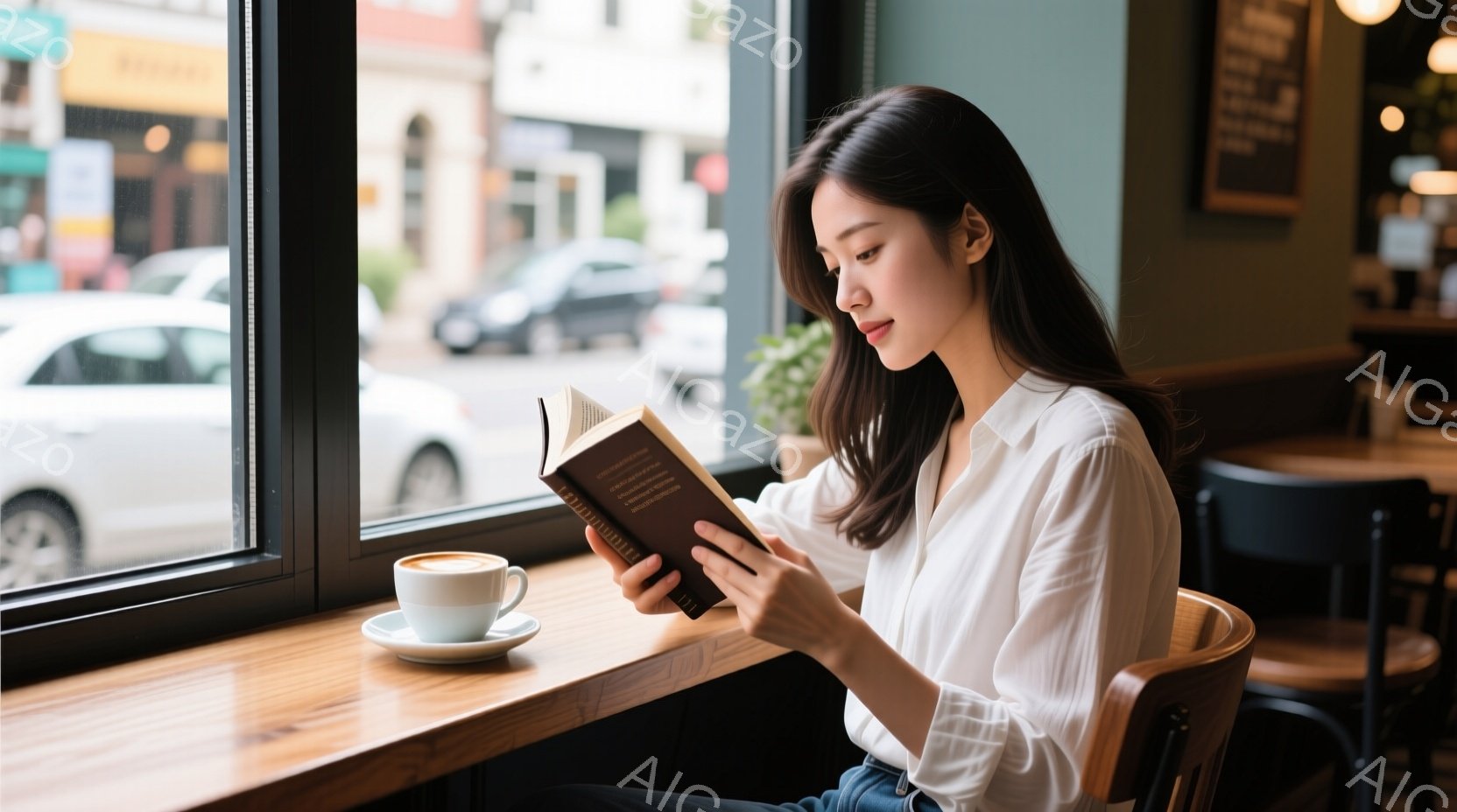 一人の女性が窓際の席で本を読んでいます。彼女は白いブラウスとジーンズを着ており、長く黒い髪は肩にかかっています。窓の外には街並みが見え、晴れた日の穏やかな雰囲気が漂っています。 - AI生成フリー素材