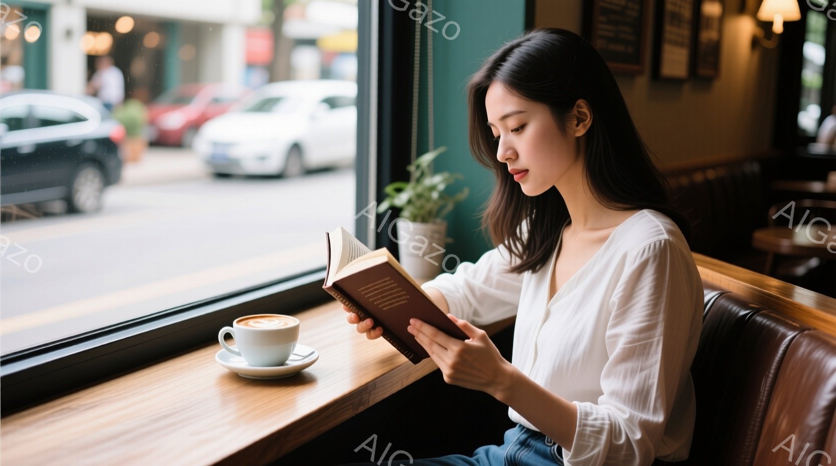 長い髪をセンターパートにした女性が、窓際の席で本を読んでいる。白いブラウスを着ており、リラックスした表情で、窓の外の景色を気にすることなく読書に集中している。窓の外には車が行き交い、晴れた日の穏やかな午後の雰囲気が漂っている。