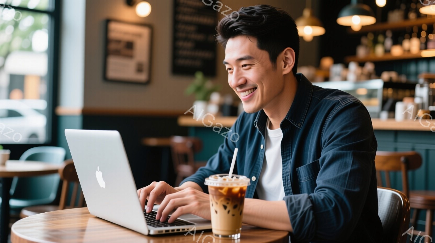 若い男性がカフェでノートパソコンを使っており、穏やかな笑顔を浮かべている。彼は白いTシャツに濃い青色のシャツを羽織り、短く整えられた黒髪をしている。背景にはカフェのカウンターや他のテーブルが見え、温かく落ち着いた雰囲気を感じさせる。