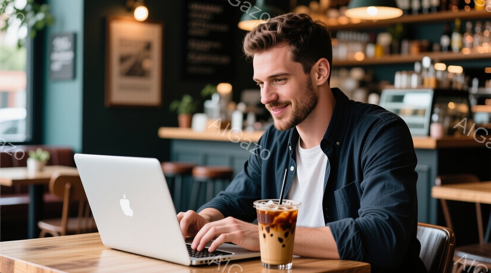 若い男性がノートパソコンに向かってタイピングしており、少し微笑んでいます。彼は白いTシャツに濃い青のジャケットを羽織り、整った髪型をしています。背景はカフェのようであり、棚には瓶が並び、木製のテーブルと椅子が置かれています。