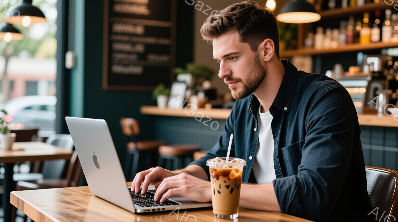 一人の男性がカフェでノートパソコンを使って作業をしている。彼はダークカラーのシャツを着ており、顎髭を生やした整髪された髪型をしている。背景にはカフェのカウンターと棚、そしてわずかに見える外の景色が見える、穏やかで集中した雰囲気である。