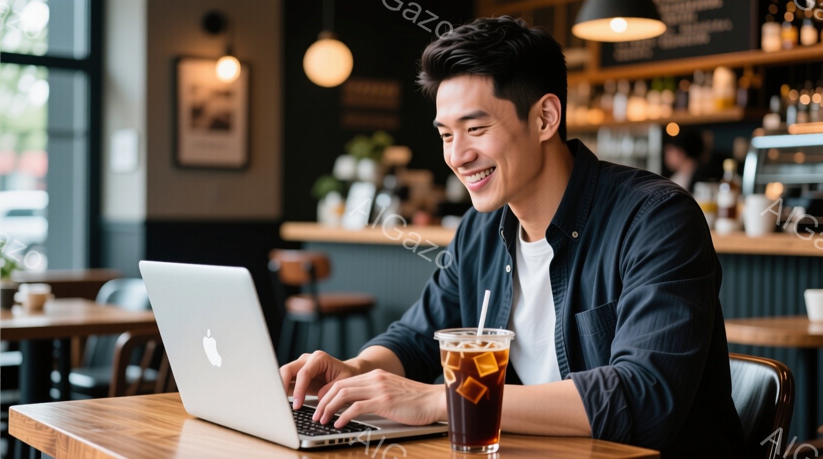 紺色のジャケットを着た若い男性が、カフェのテーブルでノートパソコンに向かっています。彼は微笑みながらタイピングしており、リラックスした雰囲気で、横には氷入りの飲み物があります。背景には、他のテーブルやバーカウンター、そしてぼんやりと見える人々が見え、落ち着いたカフェの雰囲気が伝わってきます。