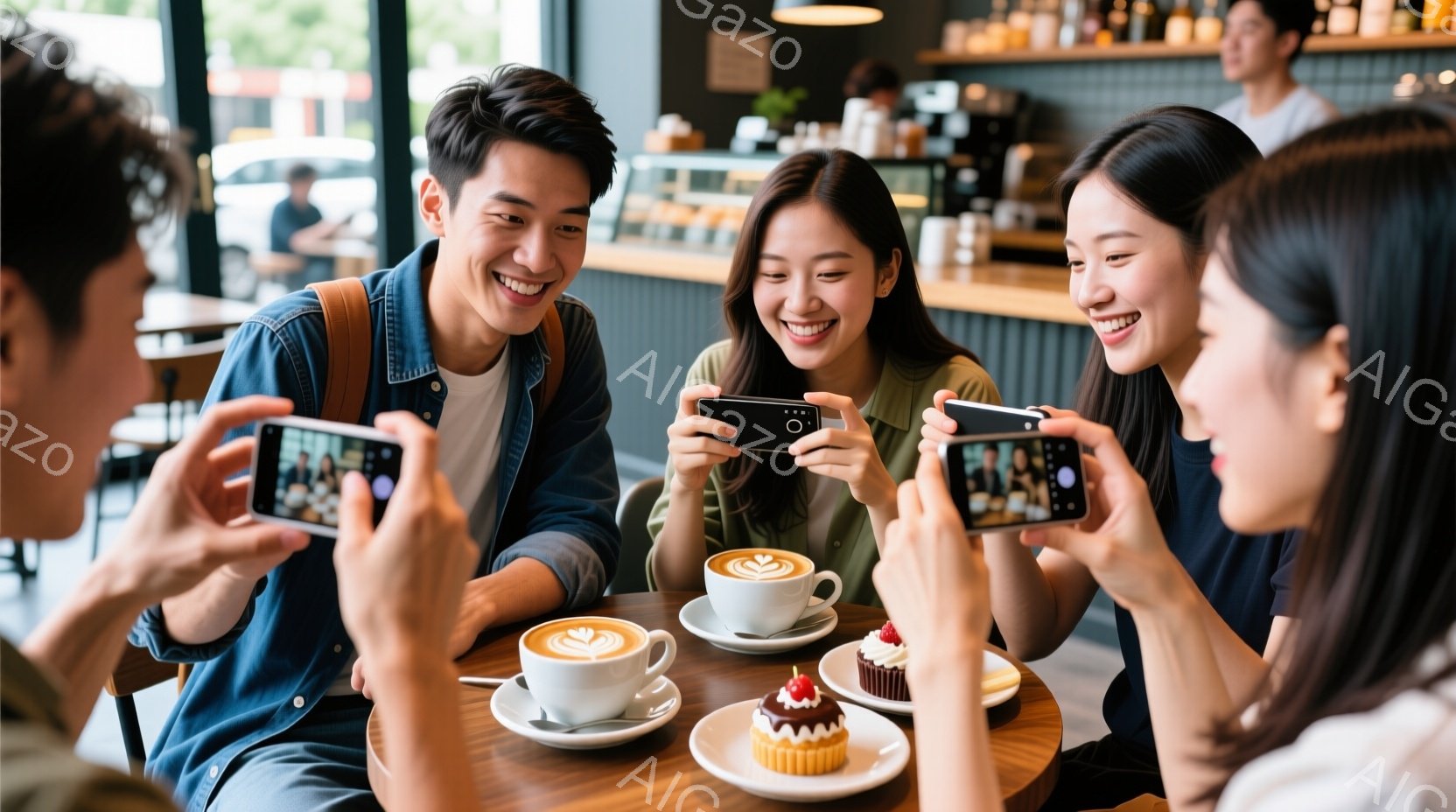 4人の若い女性と男性がカフェの丸いテーブルを囲んで座っており、それぞれスマートフォンで写真を撮っています。彼らは皆笑顔で、カジュアルな服装をしています。背景には、カウンター、ケーキ、そしてカフェの装飾が見え、明るく活気のある雰囲気です。
