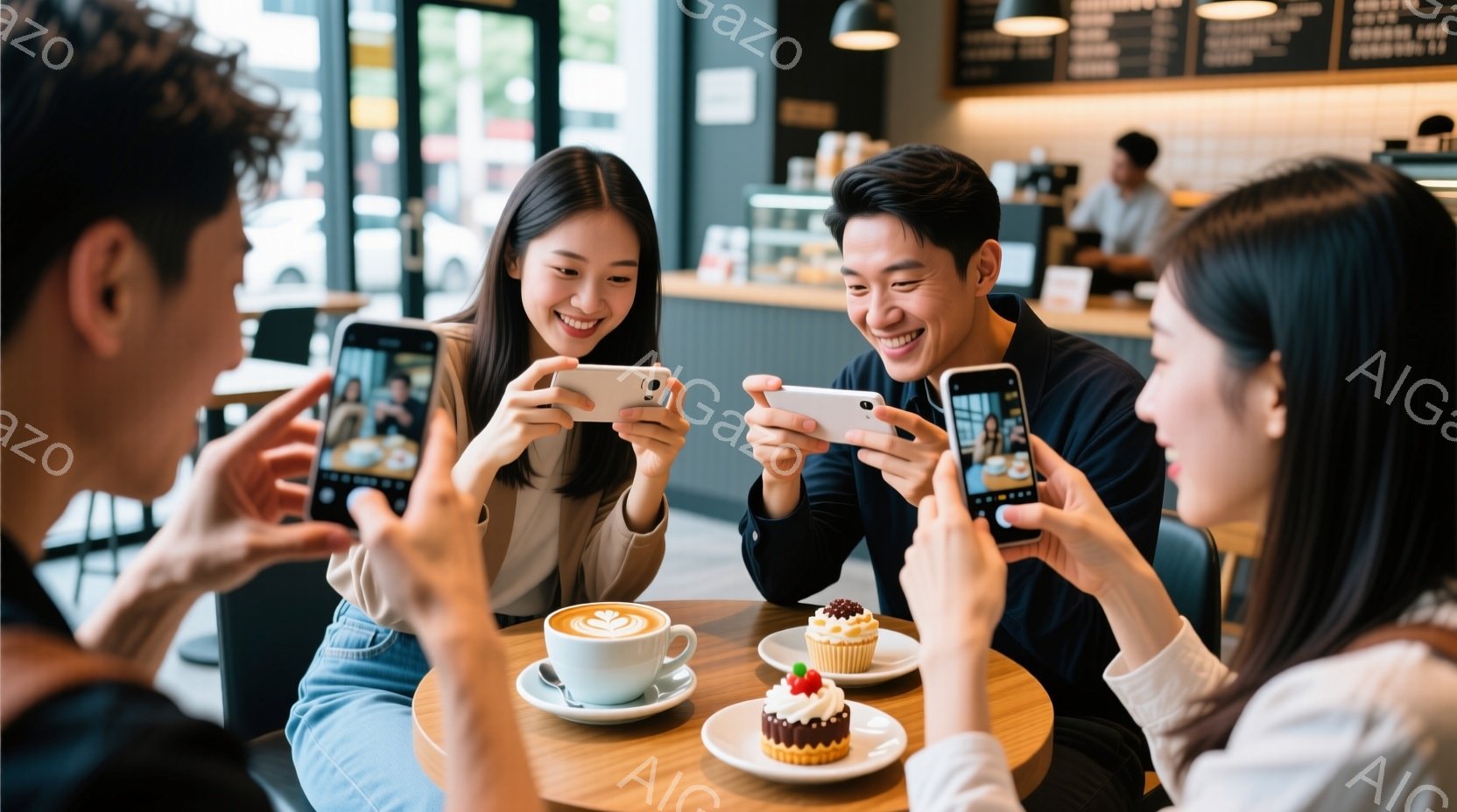 カフェのテーブルを囲んで、若い男女がスマートフォンで写真を撮り合っている様子が写っています。女性は肩出しのトップスとジーンズ姿で、男性は黒いジャケットを着ています。皆笑顔で、リラックスした雰囲気の中で - AI生成フリー素材