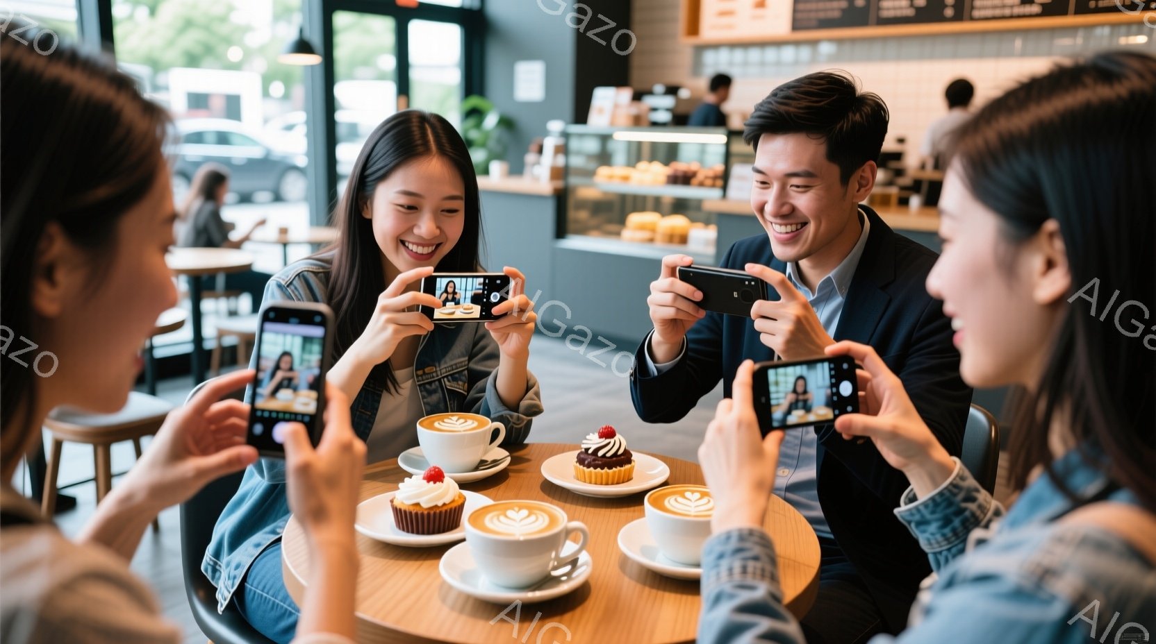 4人の若い女性と男性がカフェの丸いテーブルを囲んで座っており、それぞれスマートフォンで自分の料理と飲み物を撮影しています。女性はデニムジャケットを着ており、髪は長く、笑顔でカメラに向かっています。背景にはカフェのカウンターや焼き菓子が並び、明るく楽しい雰囲気が漂っています。