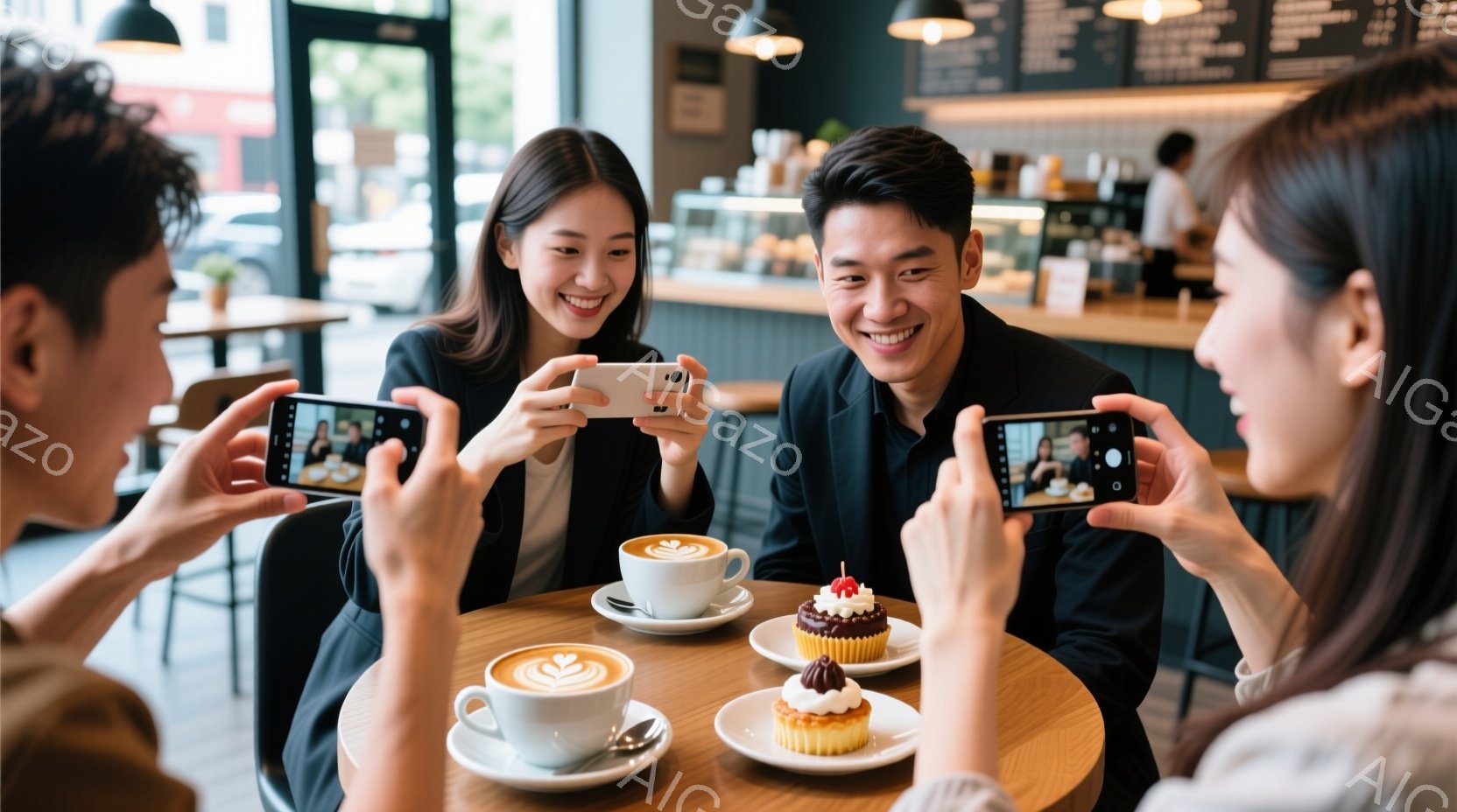 4人の若者がカフェの丸いテーブルを囲んで座っており、それぞれスマートフォンで写真を撮っています。彼らは皆、黒いジャケットを着ており、笑顔で楽しそうです。背景にはカフェのカウンターや他の客が見え、明るく - AI生成フリー素材
