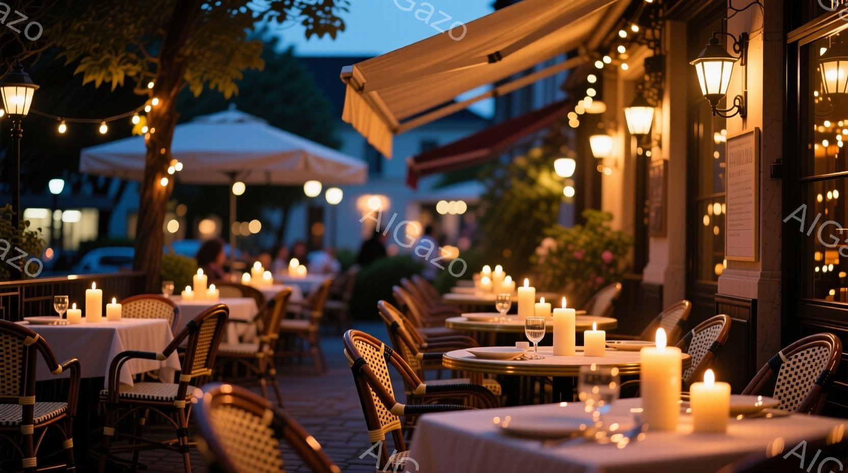 屋外のカフェまたはレストランのテラス席が、夕暮れ時の優しい光に包まれている。白いテーブルクロスが敷かれ、各テーブルにはキャンドルと食器が置かれ、暖かくロマンチックな雰囲気を醸し出している。背景には建物が見え、少し緑の木々も確認でき、穏やかで落ち着いた夜のひとコマが切り取られている。