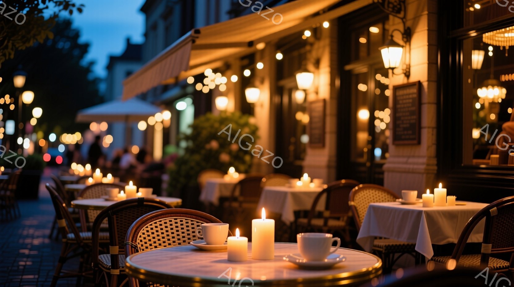 石畳の道に面したカフェのテラス席が、無数のキャンドルライトで温かく照らされている。白いテーブルクロスが敷かれたテーブルには、飲み物が置かれたカップと、溶けかけのキャンドルが並び、落ち着いた雰囲気を醸し出している。背景には薄暗い建物が見え、夜空にはわずかな光が差し込み、穏やかでロマンチックな夜の情景が広がっている。