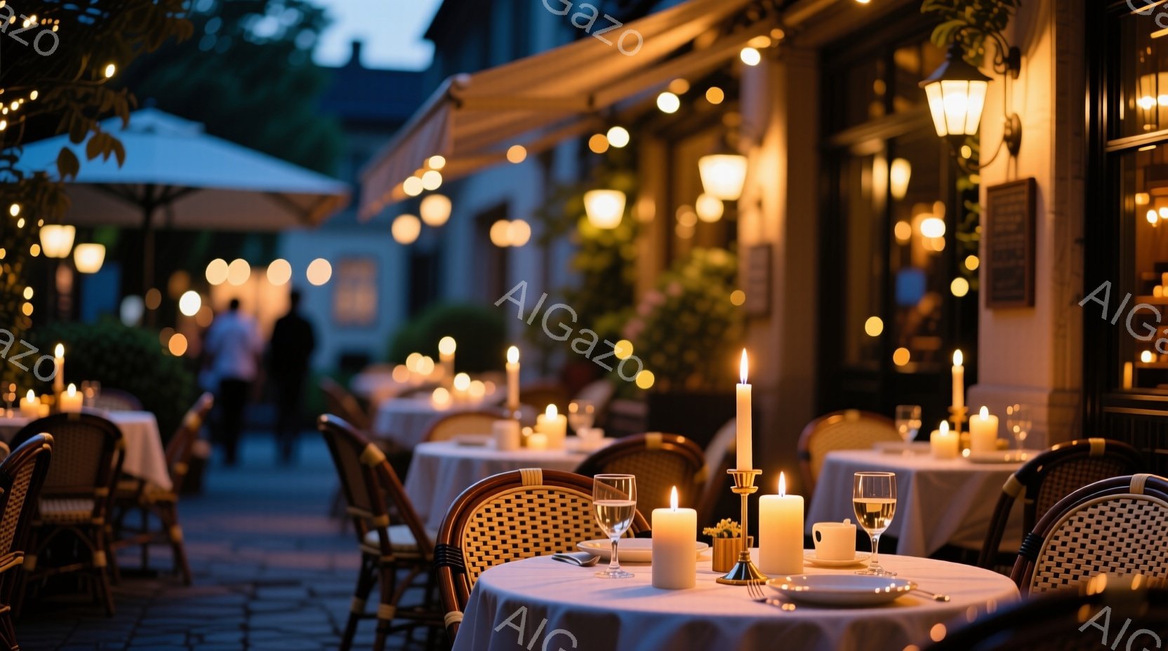 白いテーブルクロスが敷かれた屋外カフェの席が並び、それぞれのテーブルにはキャンドルやグラス、食器が置かれ、落ち着いた雰囲気を醸し出しています。背景には石畳の道と、ぼんやりと見える建物、そして緑豊かな植 - AI生成フリー素材