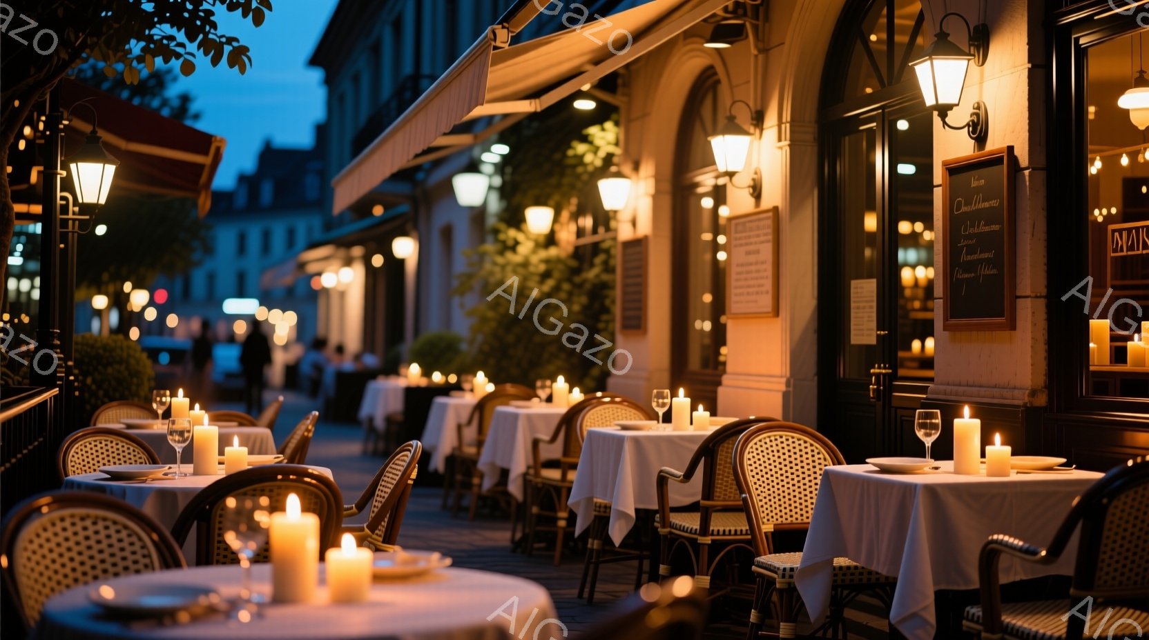 夜のカフェのテラス席が、温かいキャンドルの光で照らされています。白いテーブルクロスが敷かれた椅子とテーブルが整然と並び、落ち着いた大人の雰囲気が漂います。背景には石造りの建物が立ち並び、薄暗い空が夜の静けさを強調しています。