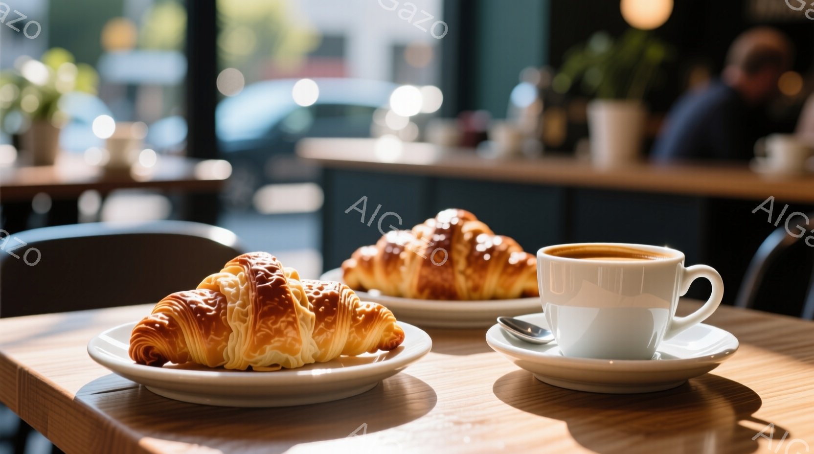 明るい光が差し込むカフェの木製のテーブルの上に、2つのクロワッサンと一杯のコーヒーが置かれています。クロワッサンは黄金色に輝き、外はサクサク、中はしっとりとした食感を想像させます。背景には、ぼやけたカフェの様子や、窓の外の光景が映り込み、穏やかでリラックスした雰囲気が漂っています。