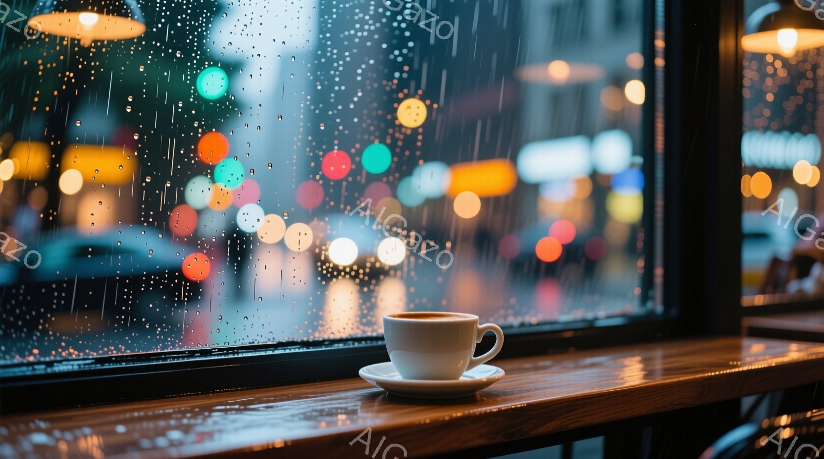 窓の外は激しい雨が降り、街の光がぼやけて見える。テーブルの上には白いカップに入ったコーヒーが置かれ、雨の日の静かな一息を誘う。木製のテーブルの温かさと、雨の冷たさのコントラストが印象的で、どこかノスタルジックな雰囲気が漂う。