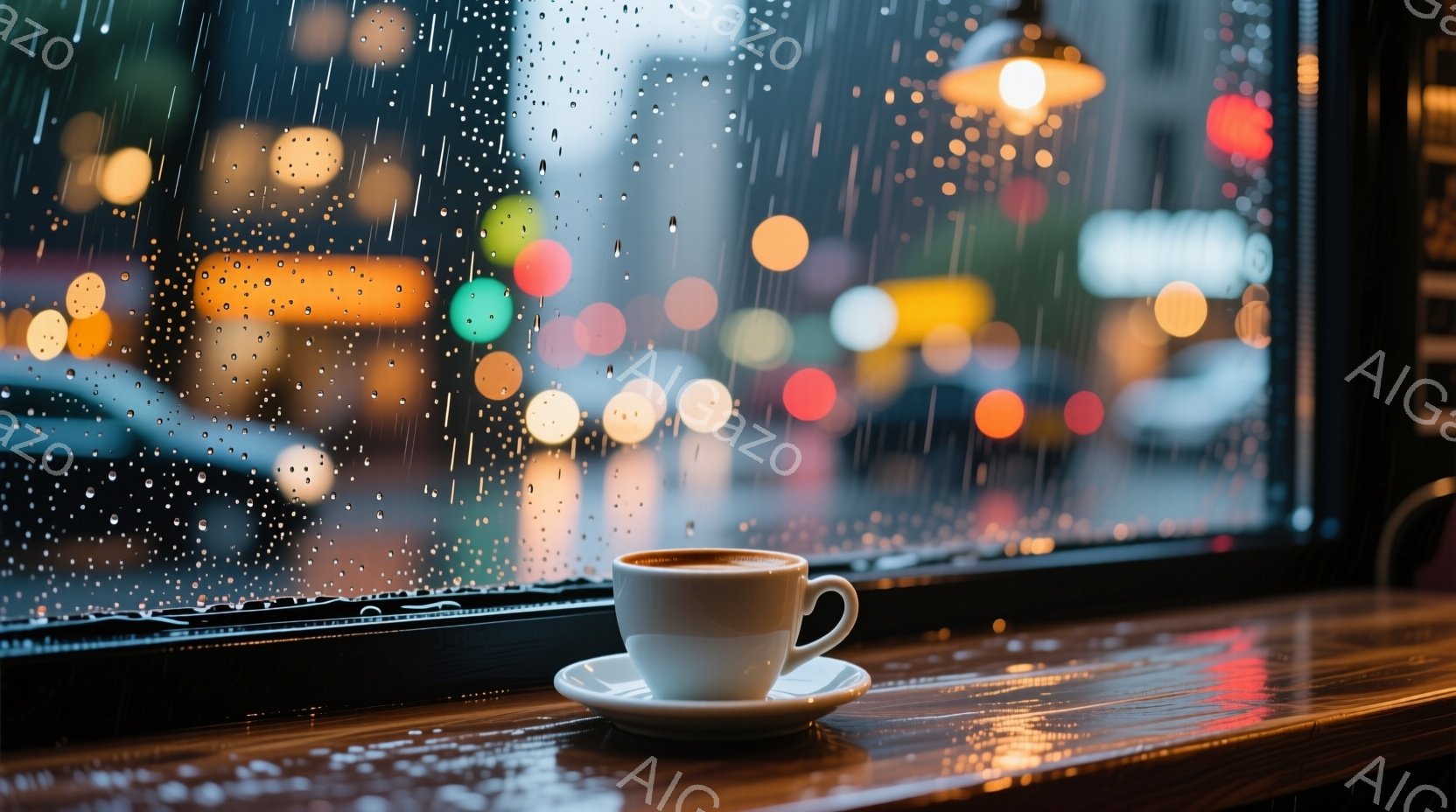 窓辺に置かれたカップとソーサーが焦点で、背景は雨でぼやけた都市の風景です。雨粒が窓ガラスを流れ落ち、街の光が滲んで幻想的な雰囲気を醸し出しています。温かい飲み物が静かに冷めていく様子が想像され、落ち着いた、物憂げな時間が感じられます。