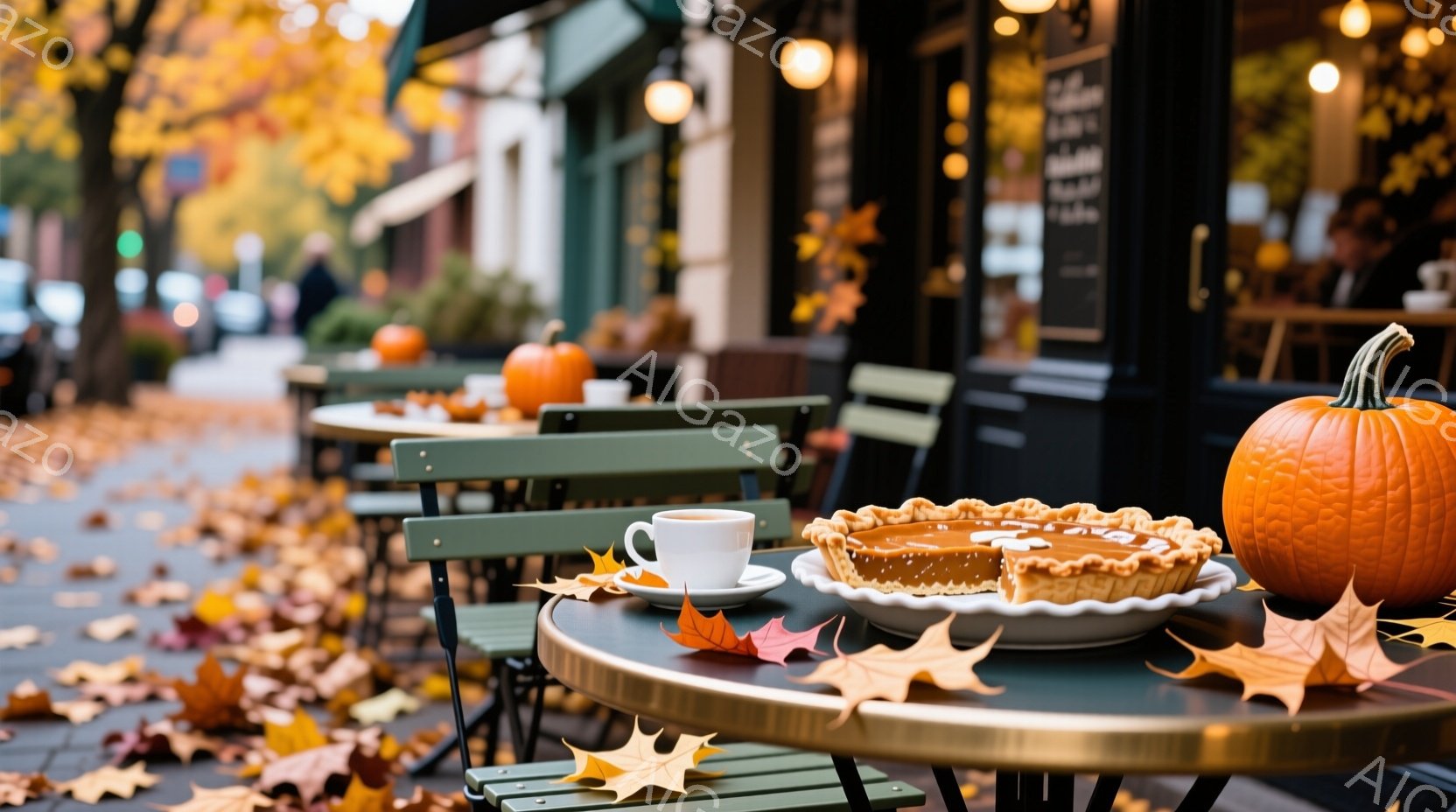 落ち葉が敷き詰められた歩道に面したカフェのテラス席が写っています。テーブルの上には、切り分けられたパンプキンパイとコーヒーカップが置かれ、その周りに紅葉の葉が散らばっています。背景には、黒い外観のカフェの建物と、ぼやけた人影が見え、全体的に秋の暖かく落ち着いた雰囲気が漂っています。