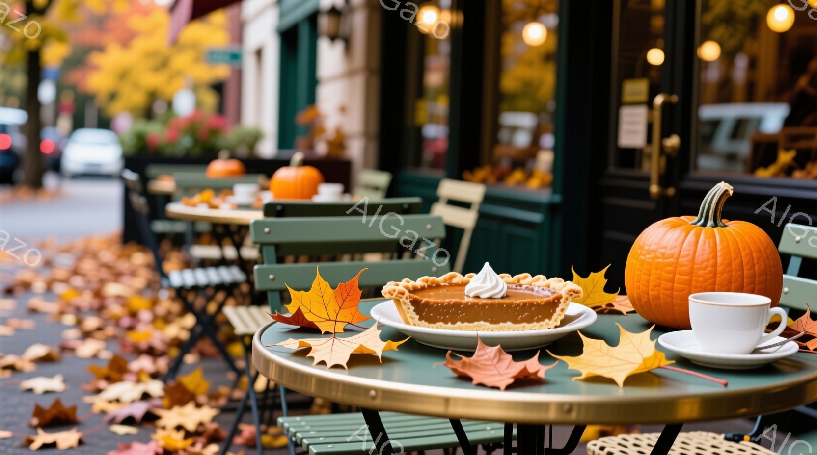 鮮やかな紅葉の葉が散りばめられたカフェの屋外席には、パンプキンパイとコーヒーが置かれたテーブルが写っている。背景には、緑色の装飾が施されたカフェの建物と、ぼやけた車の姿が見え、秋の穏やかな雰囲気が漂っ - AI生成フリー素材