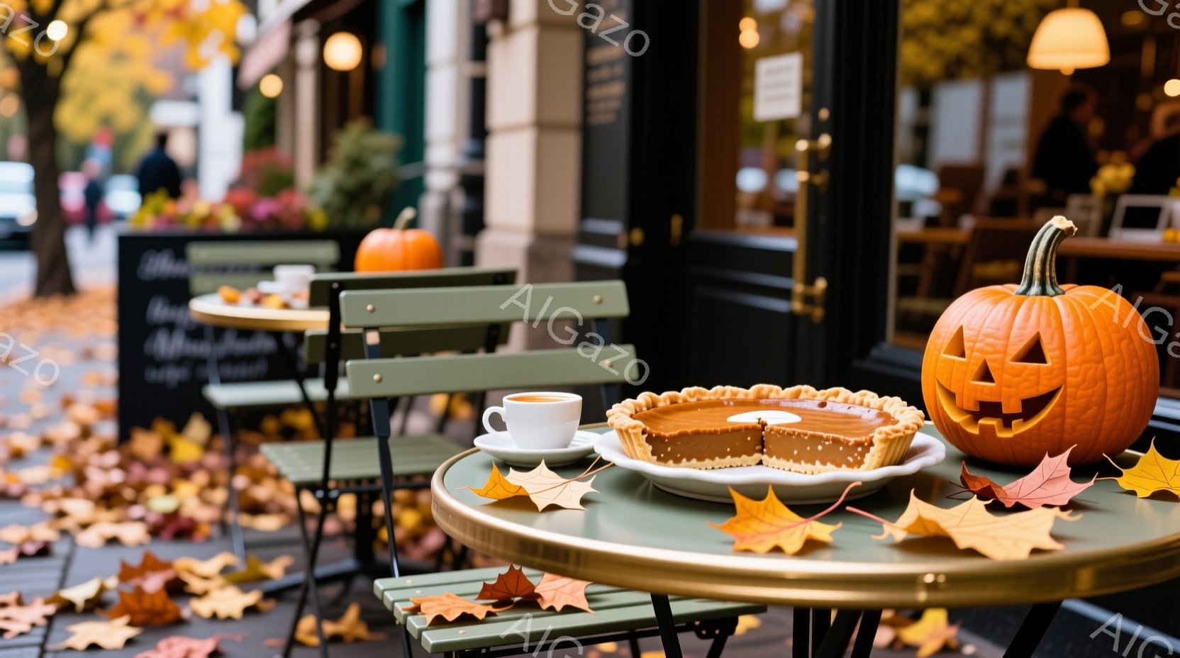 カフェの屋外席に、ハロウィンのカボチャと、切り株のパイ、コーヒーが置かれています。地面には色とりどりの落ち葉が散らばり、背景にはカフェの建物とぼんやりと人影が見えます。全体的に秋の温かく、お祭り気分な - AI生成フリー素材